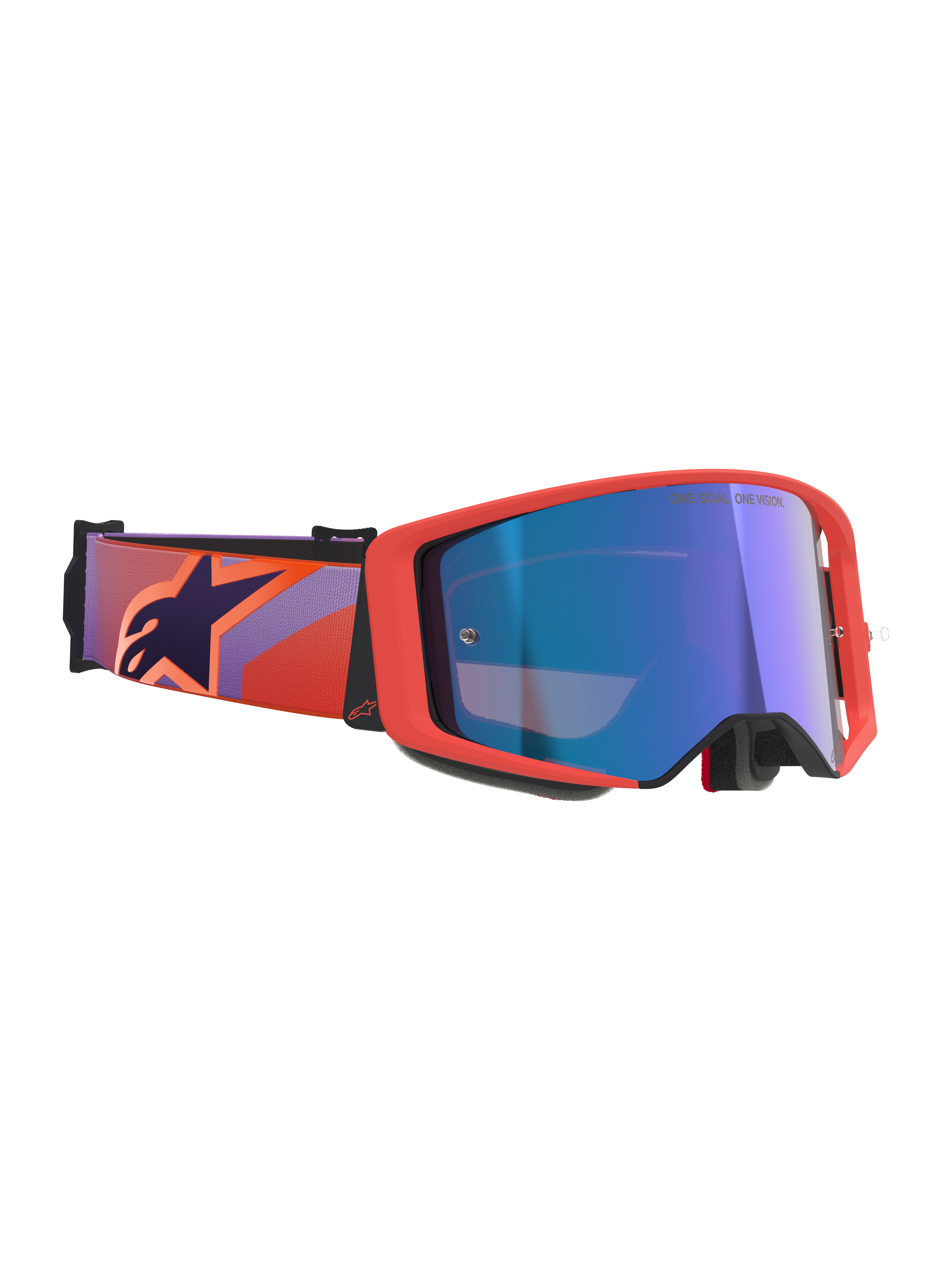 Maschere Alpinestars Supertech Vision Corp, maschere da motocross, montatura Hot Coral e lente Mirror Blue, con fascia a motivi viola e corallo e logo a stella blu scuro, design collaudato nei campionati per corse off-road