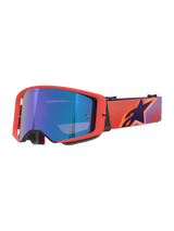 Alpinestars Supertech Vision Corp Goggles, maschere da motocross, montatura Hot Coral con lente a specchio blu, fascia con motivo viola e arancione e logo Alpinestars, occhiali ad alte prestazioni per il fuoristrada