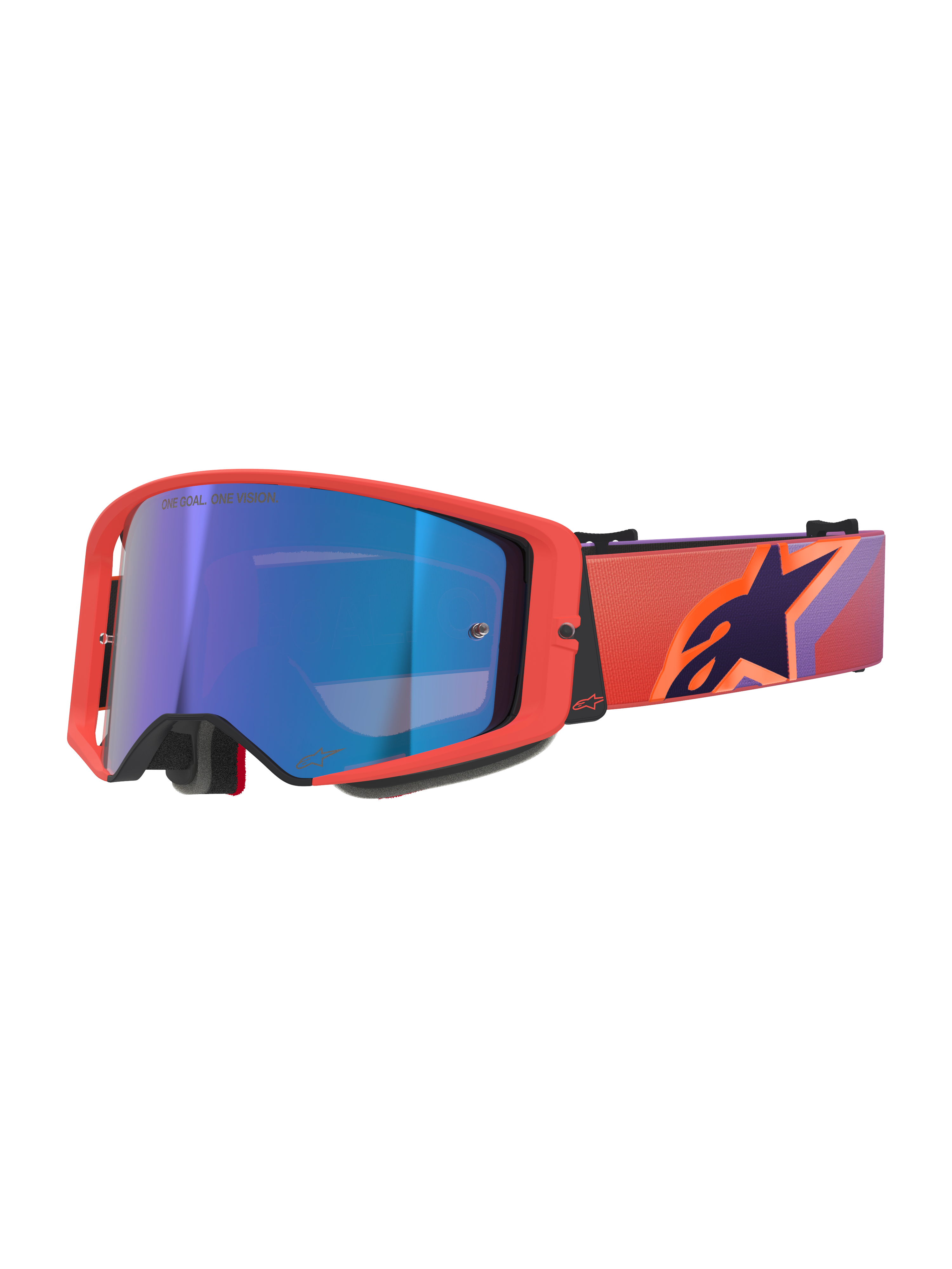 Alpinestars Supertech Vision Corp Goggles, maschere da motocross, montatura Hot Coral con lente a specchio blu, fascia con motivo viola e arancione e logo Alpinestars, occhiali ad alte prestazioni per il fuoristrada