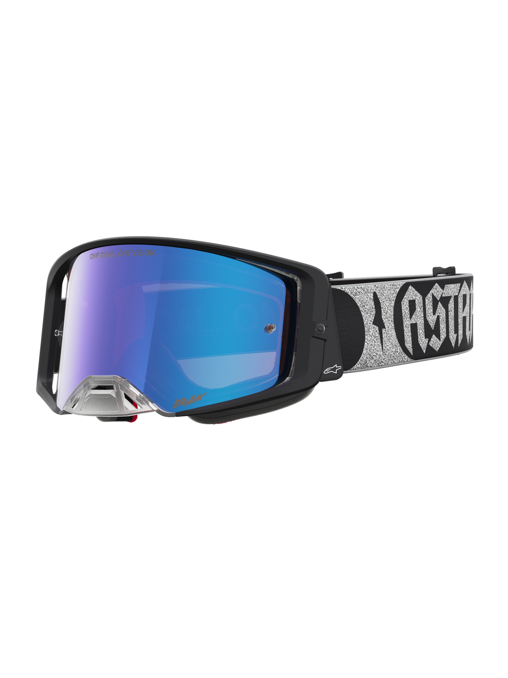 Alpinestars Maschere Supertech Atrox, maschere da motocross, montatura nera, lenti a specchio blu, per corse fuoristrada.