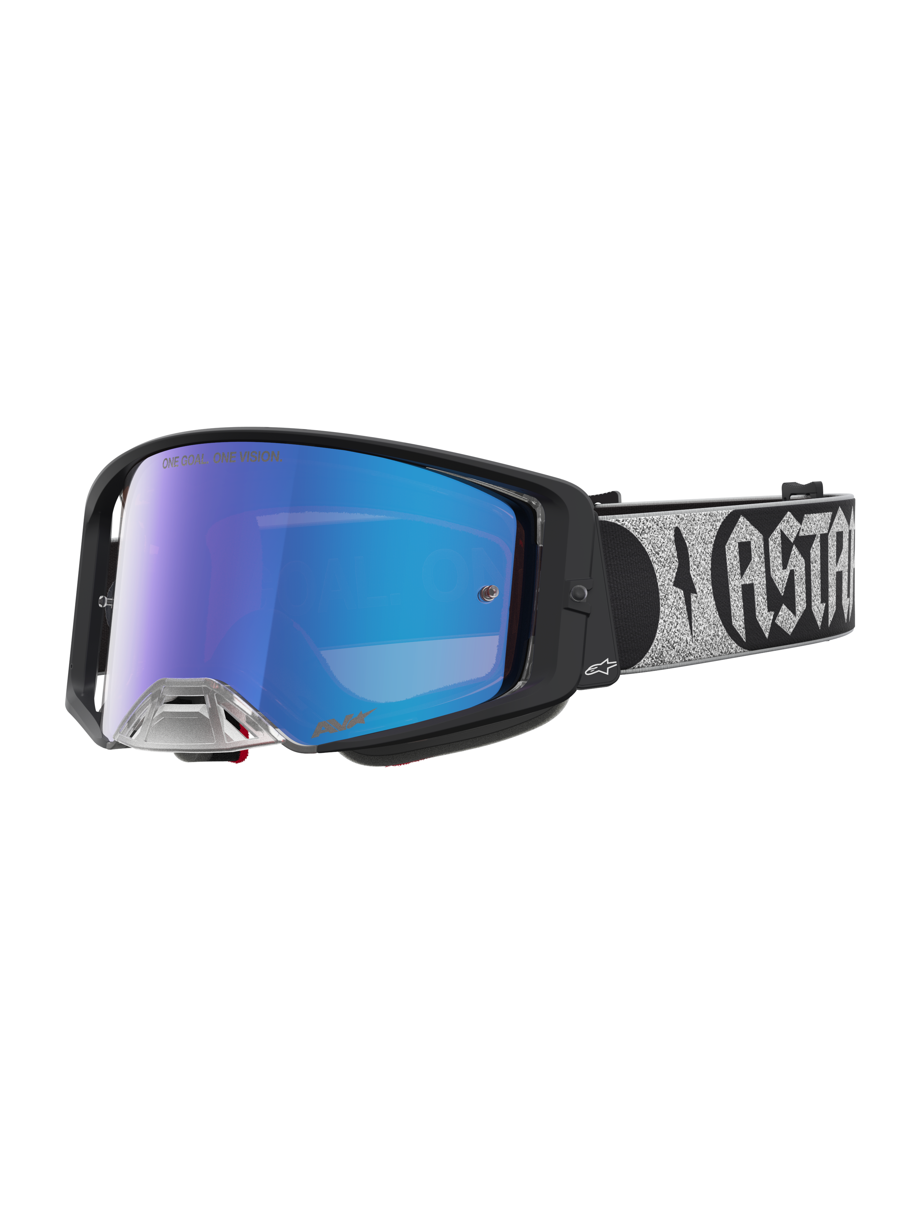 Alpinestars Maschere Supertech Atrox, maschere da motocross, montatura nera, lenti a specchio blu, per corse fuoristrada.
