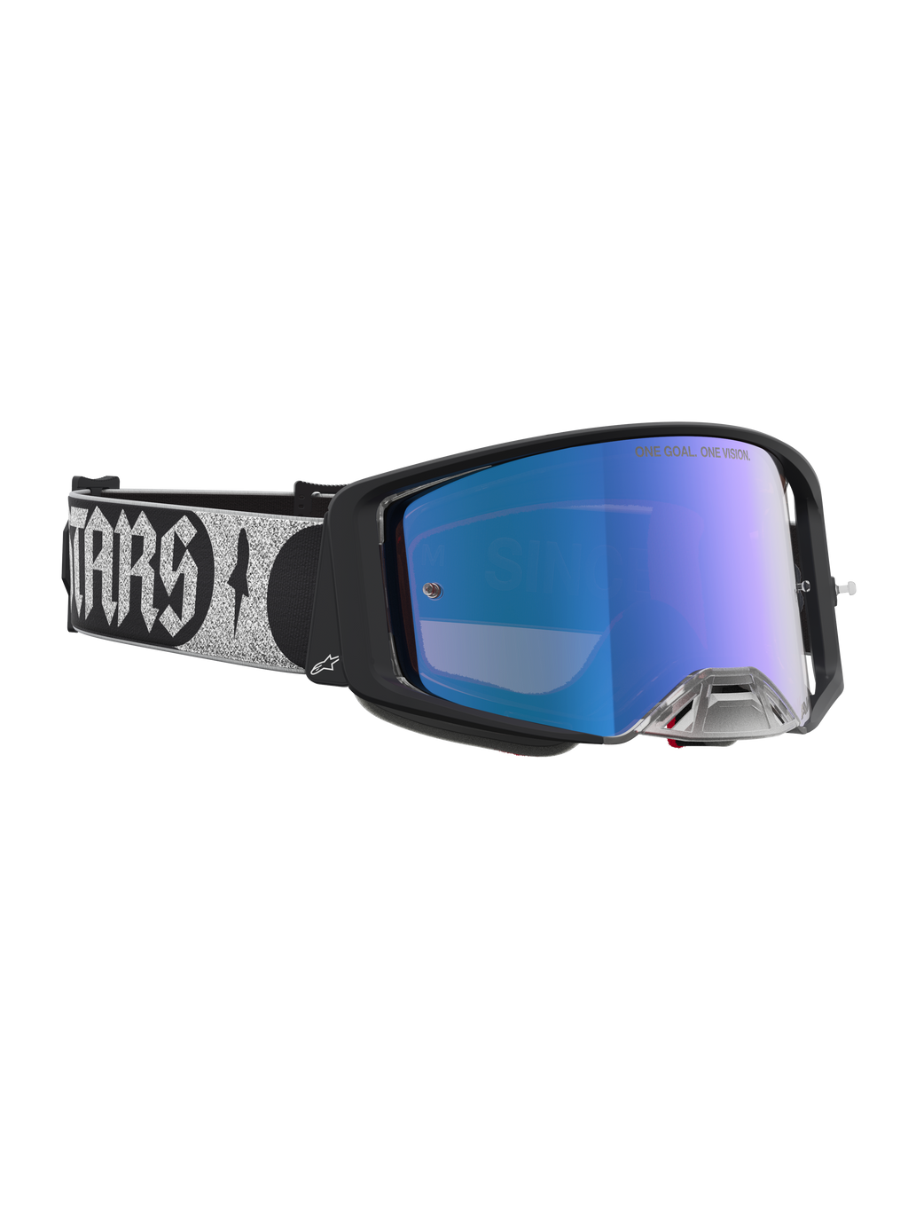 Alpinestars Maschere Supertech Atrox, maschera motocross con lente blu specchiata, montatura nera e fascia argento.