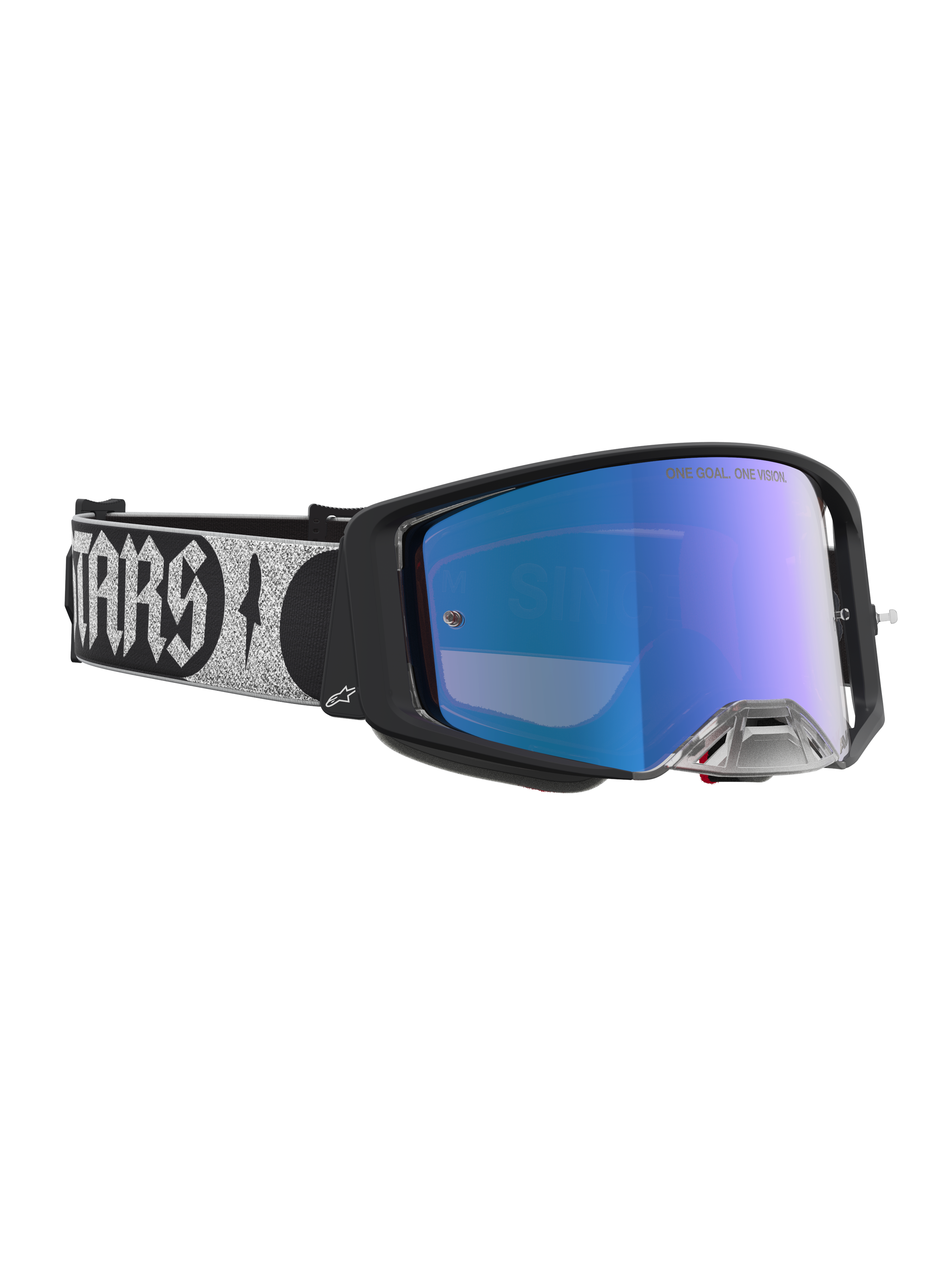 Alpinestars Maschere Supertech Atrox, maschera motocross con lente blu specchiata, montatura nera e fascia argento.