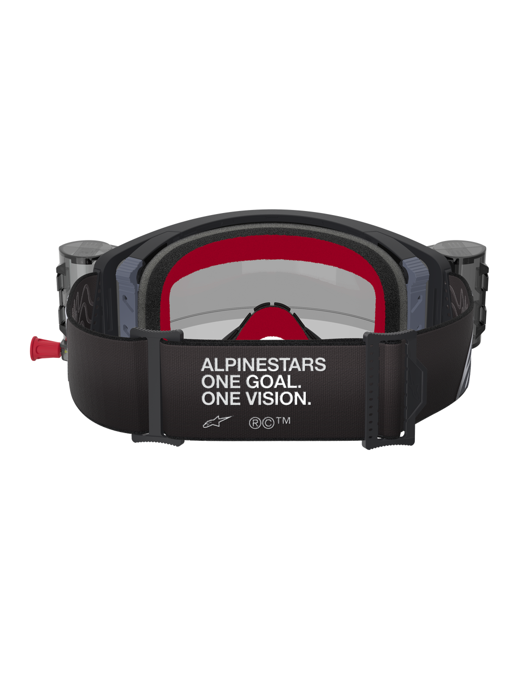 Maschera Alpinestars Supertech Corp Roll Off, nera e grigia con dettagli rossi, vista posteriore con ampia fascia e scritta bianca 'ALPINESTARS ONE GOAL. ONE VISION.', serbatoi roll-off integrati sui lati e spugna facciale multistrato rossa, protezione oculare professionale per motocross