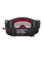 Maschera Alpinestars Supertech Corp Roll Off, nera e grigia con dettagli rossi, vista posteriore con ampia fascia e scritta bianca 'ALPINESTARS ONE GOAL. ONE VISION.', serbatoi roll-off integrati sui lati e spugna facciale multistrato rossa, protezione oculare professionale per motocross