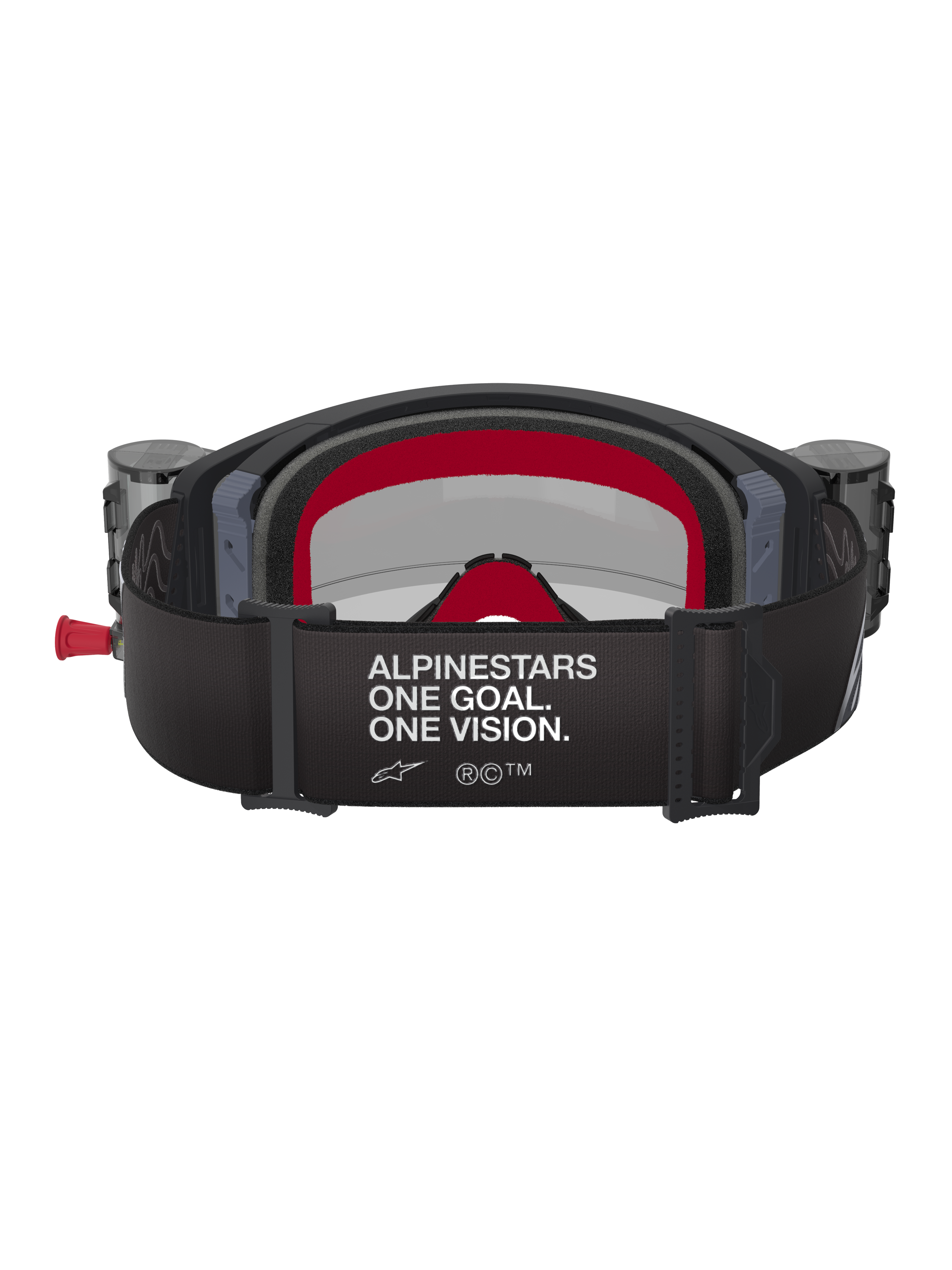 Maschera Alpinestars Supertech Corp Roll Off, nera e grigia con dettagli rossi, vista posteriore con ampia fascia e scritta bianca 'ALPINESTARS ONE GOAL. ONE VISION.', serbatoi roll-off integrati sui lati e spugna facciale multistrato rossa, protezione oculare professionale per motocross