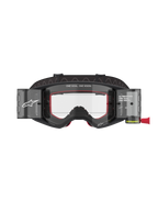 Alpinestars Supertech Corp Goggles Roll Off, maschere da motocross e MTB, nero e grigio con imbottitura interna rossa, lente trasparente con sistema Wide Vision Roll-Off, branding "ONE GOAL. ONE VISION.", protezione tecnica per gli occhi off-road con design moderno e angolare