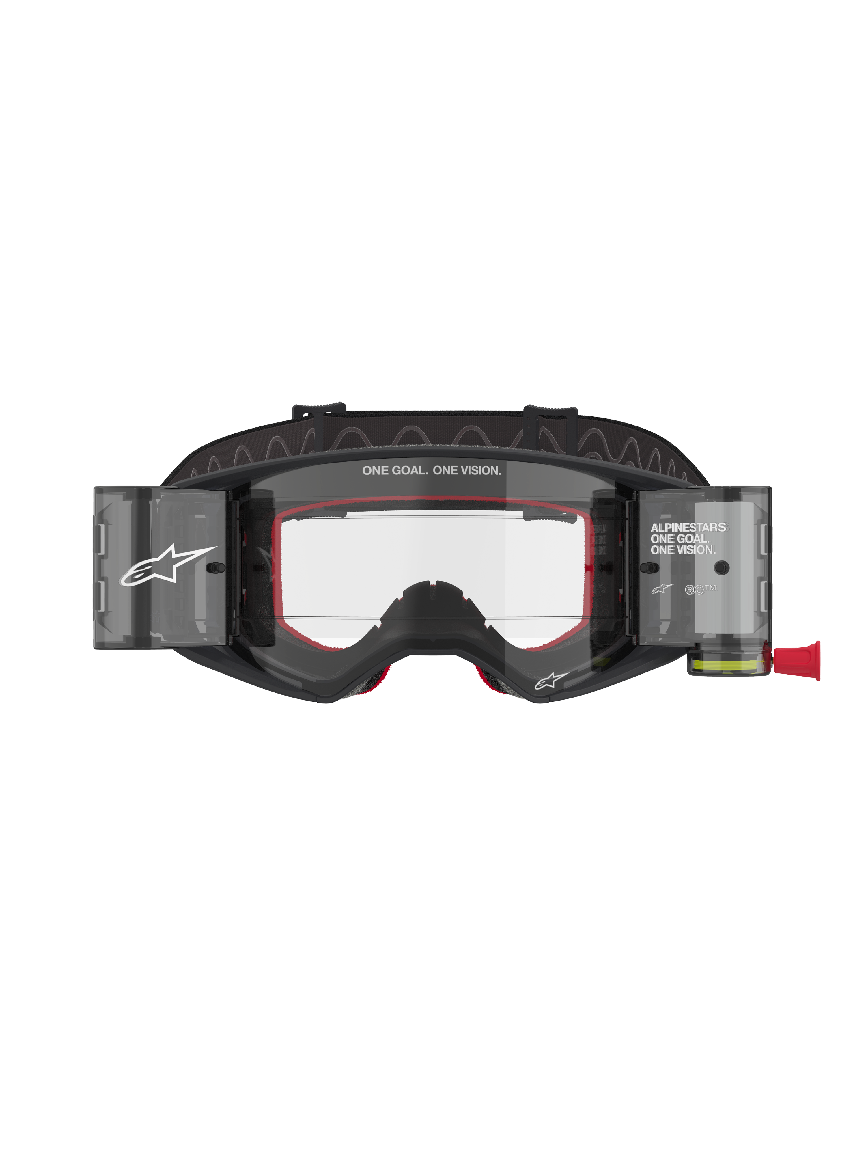 Alpinestars Supertech Corp Goggles Roll Off, maschere da motocross e MTB, nero e grigio con imbottitura interna rossa, lente trasparente con sistema Wide Vision Roll-Off, branding "ONE GOAL. ONE VISION.", protezione tecnica per gli occhi off-road con design moderno e angolare
