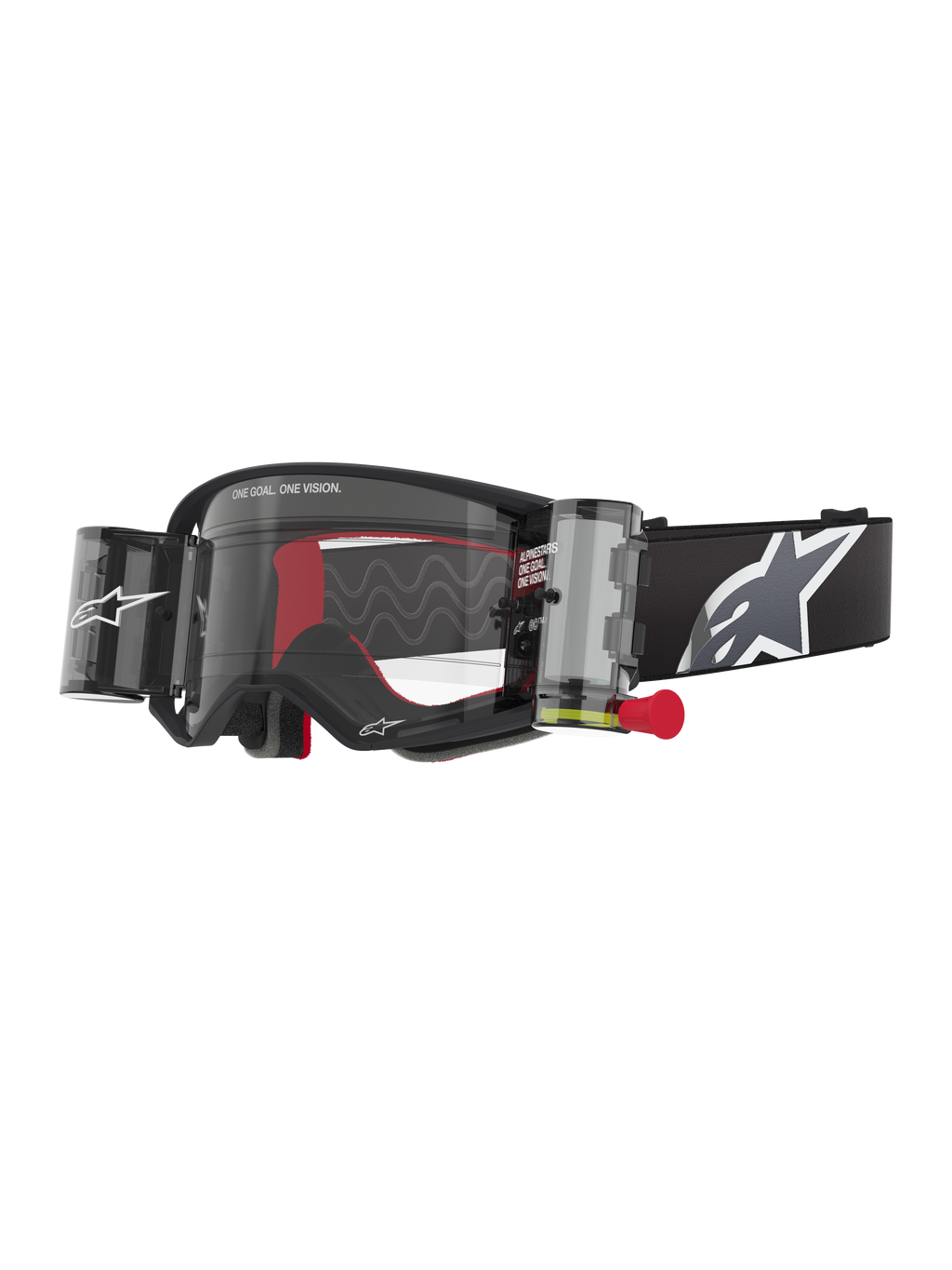 Alpinestars Supertech Corp Goggles Roll Off, maschere da motocross, montatura nera con lente trasparente, sistema Wide Vision Roll-Off con linguetta rossa, fascia nera con grande logo Alpinestars grigio e bianco, branding "One Goal. One Vision."