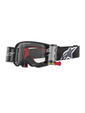 Alpinestars Supertech Corp Goggles Roll Off, maschere da motocross, montatura nera con lente trasparente, sistema Wide Vision Roll-Off con linguetta rossa, fascia nera con grande logo Alpinestars grigio e bianco, branding "One Goal. One Vision."