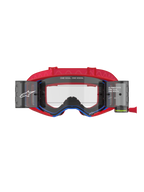 Alpinestars Supertech Corp Goggles Roll Off, maschere da motocross, rosso e blu, lente trasparente stampata a iniezione con contenitori roll-off integrati e pellicola, fascia rossa con motivo, protezione oculare professionale per gare fuoristrada