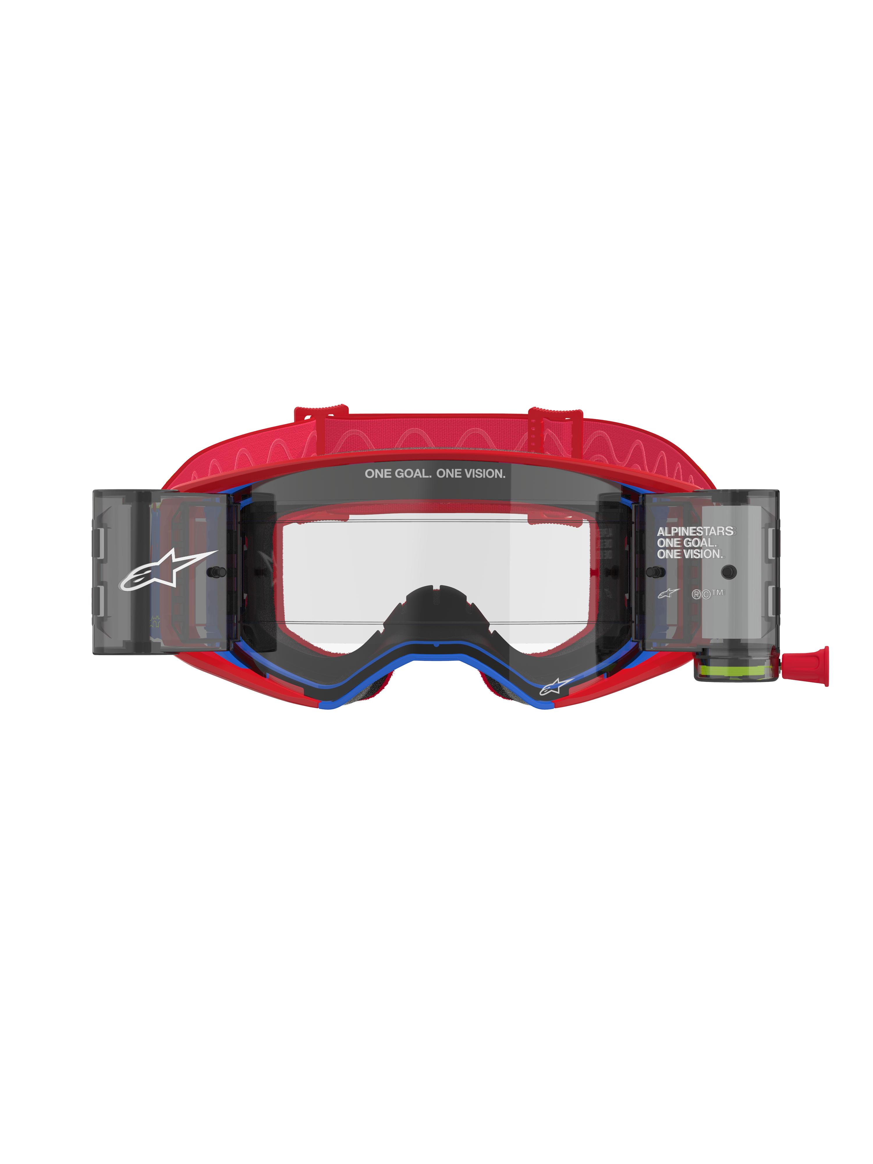 Alpinestars Supertech Corp Goggles Roll Off, maschere da motocross, rosso e blu, lente trasparente stampata a iniezione con contenitori roll-off integrati e pellicola, fascia rossa con motivo, protezione oculare professionale per gare fuoristrada
