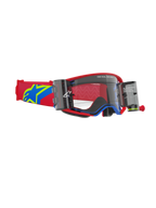 Maschere Alpinestars Supertech Corp Roll Off, maschere da motocross, montatura rossa e blu con lente trasparente, sistema Roll-Off Wide Vision integrato con doppi contenitori, cinturino regolabile rosso con logo a stella blu e giallo, protezione oculare professionale per corse fuoristrada.