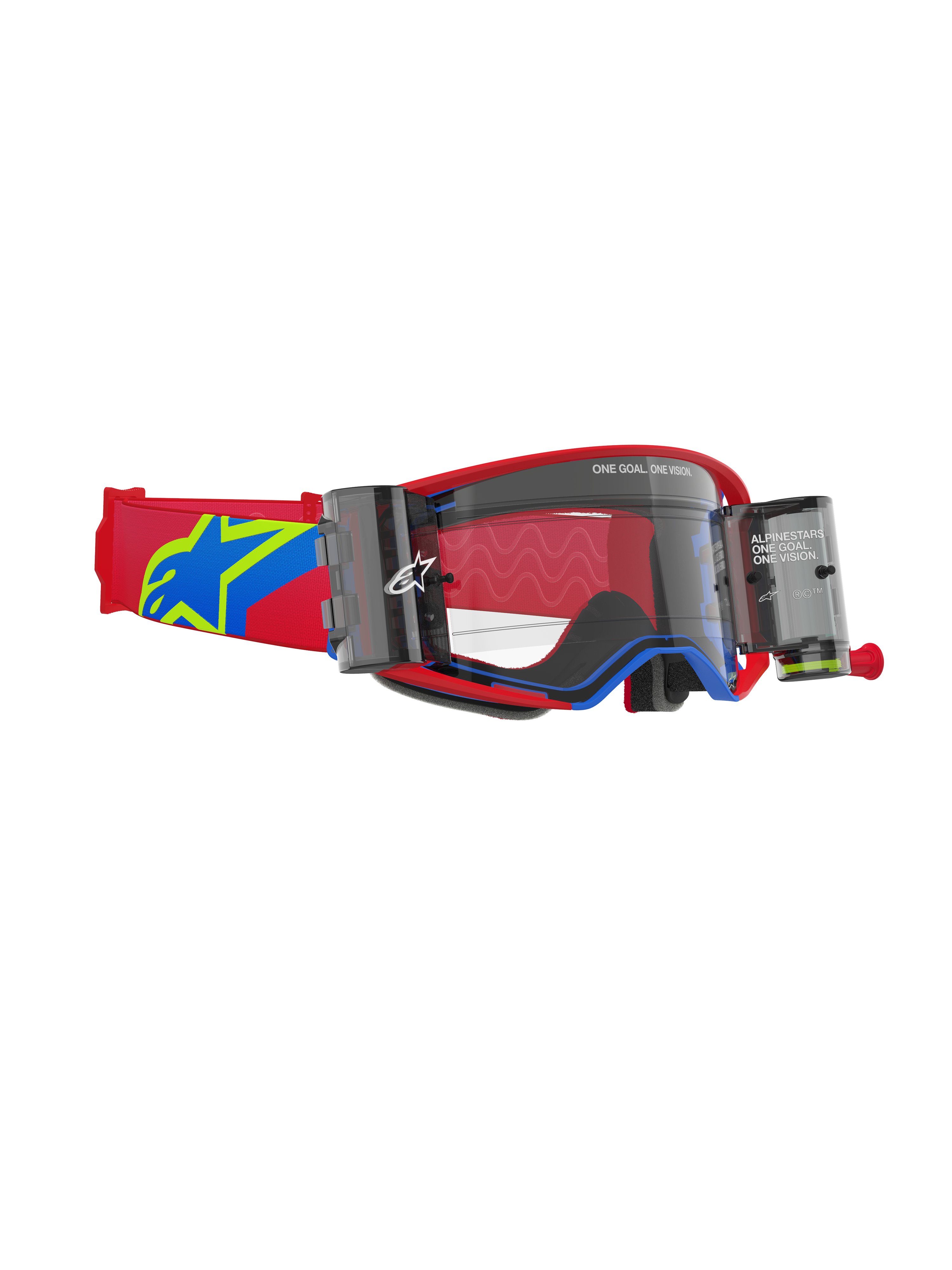 Maschere Alpinestars Supertech Corp Roll Off, maschere da motocross, montatura rossa e blu con lente trasparente, sistema Roll-Off Wide Vision integrato con doppi contenitori, cinturino regolabile rosso con logo a stella blu e giallo, protezione oculare professionale per corse fuoristrada.