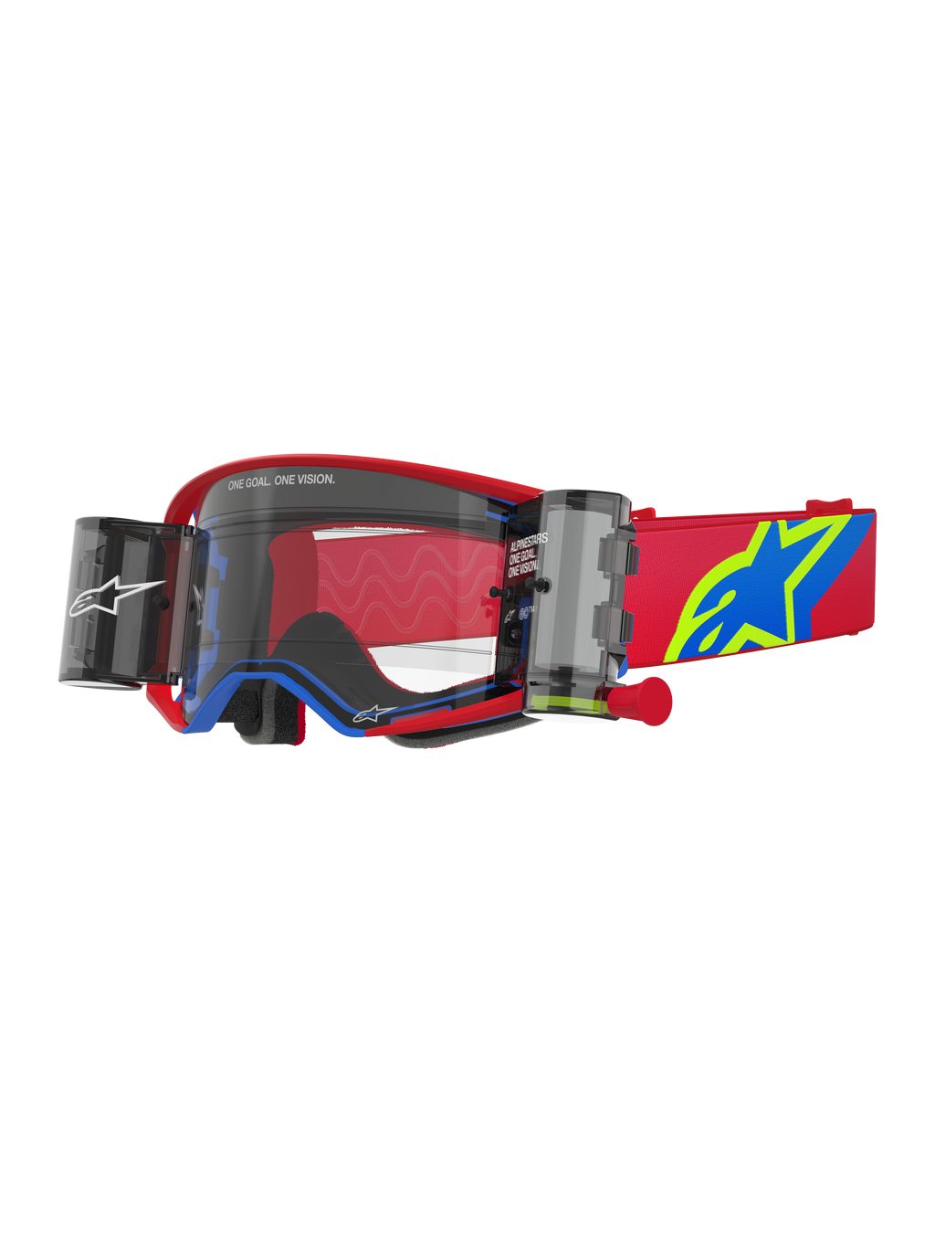 Alpinestars Supertech Corp Goggles Roll Off, occhiali da motocross, rosso e blu con lente trasparente, sistema Wide Vision Roll-Off integrato, lente trasparente stampata a iniezione, montatura rossa con dettagli blu, ampio cinturino rosso con logo a stella blu e giallo, protezione oculare professionale per gare off-road