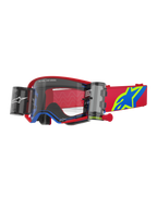 Alpinestars Supertech Corp Goggles Roll Off, occhiali da motocross, rosso e blu con lente trasparente, sistema Wide Vision Roll-Off integrato, lente trasparente stampata a iniezione, montatura rossa con dettagli blu, ampio cinturino rosso con logo a stella blu e giallo, protezione oculare professionale per gare off-road