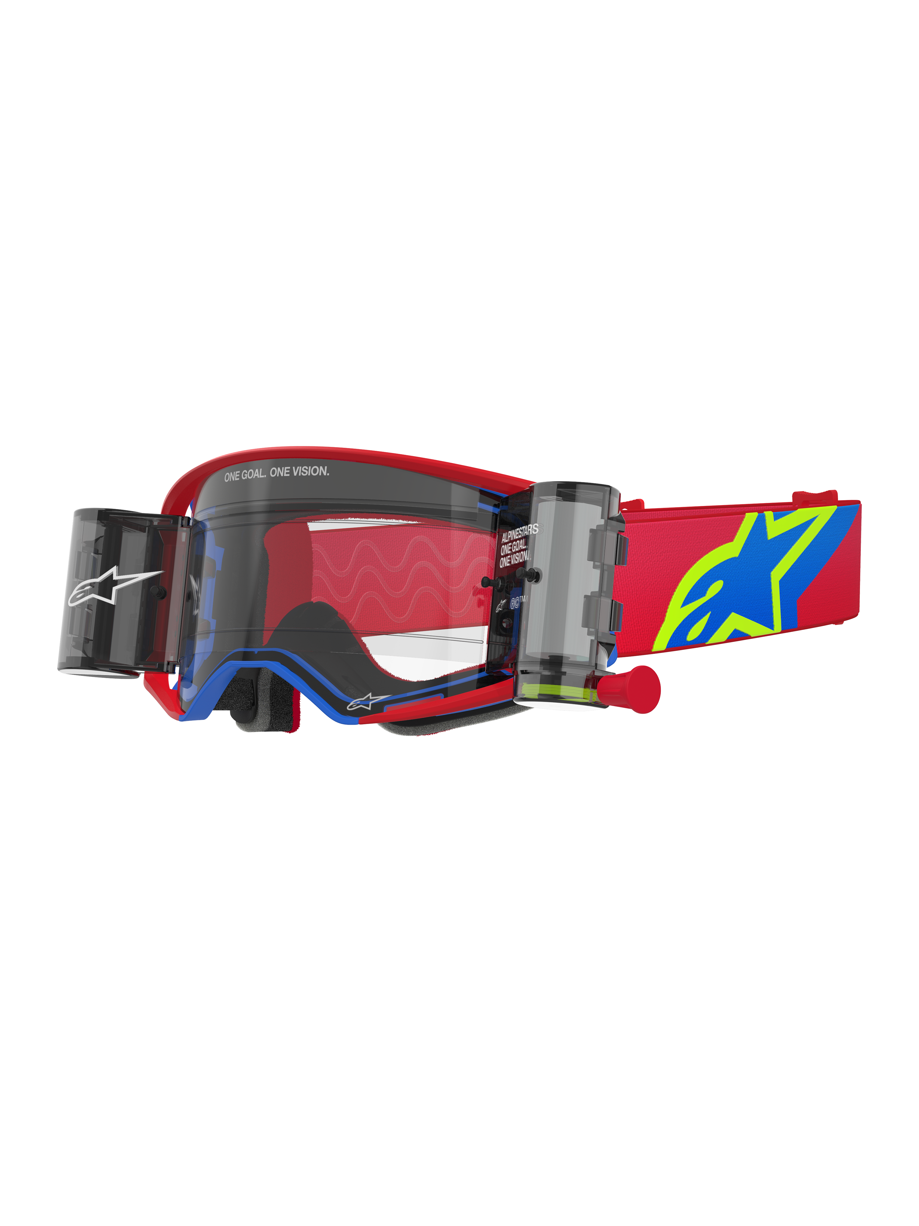 Alpinestars Supertech Corp Goggles Roll Off, occhiali da motocross, rosso e blu con lente trasparente, sistema Wide Vision Roll-Off integrato, lente trasparente stampata a iniezione, montatura rossa con dettagli blu, ampio cinturino rosso con logo a stella blu e giallo, protezione oculare professionale per gare off-road