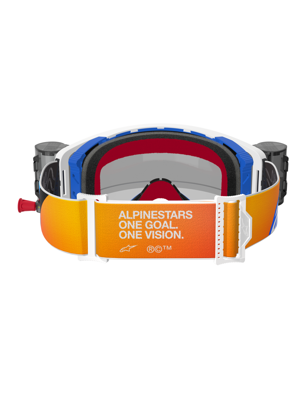 Alpinestars Supertech Corp Goggles Roll Off, vista posteriore, fascia con sfumatura arancione e gialla e scritta bianca 'Alpinestars One Goal. One Vision.', componenti del telaio blu e bianchi con schiuma facciale 3D nera, cartucce del sistema roll-off integrato visibili sui lati