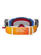 Alpinestars Supertech Corp Goggles Roll Off, vista posteriore, fascia con sfumatura arancione e gialla e scritta bianca 'Alpinestars One Goal. One Vision.', componenti del telaio blu e bianchi con schiuma facciale 3D nera, cartucce del sistema roll-off integrato visibili sui lati