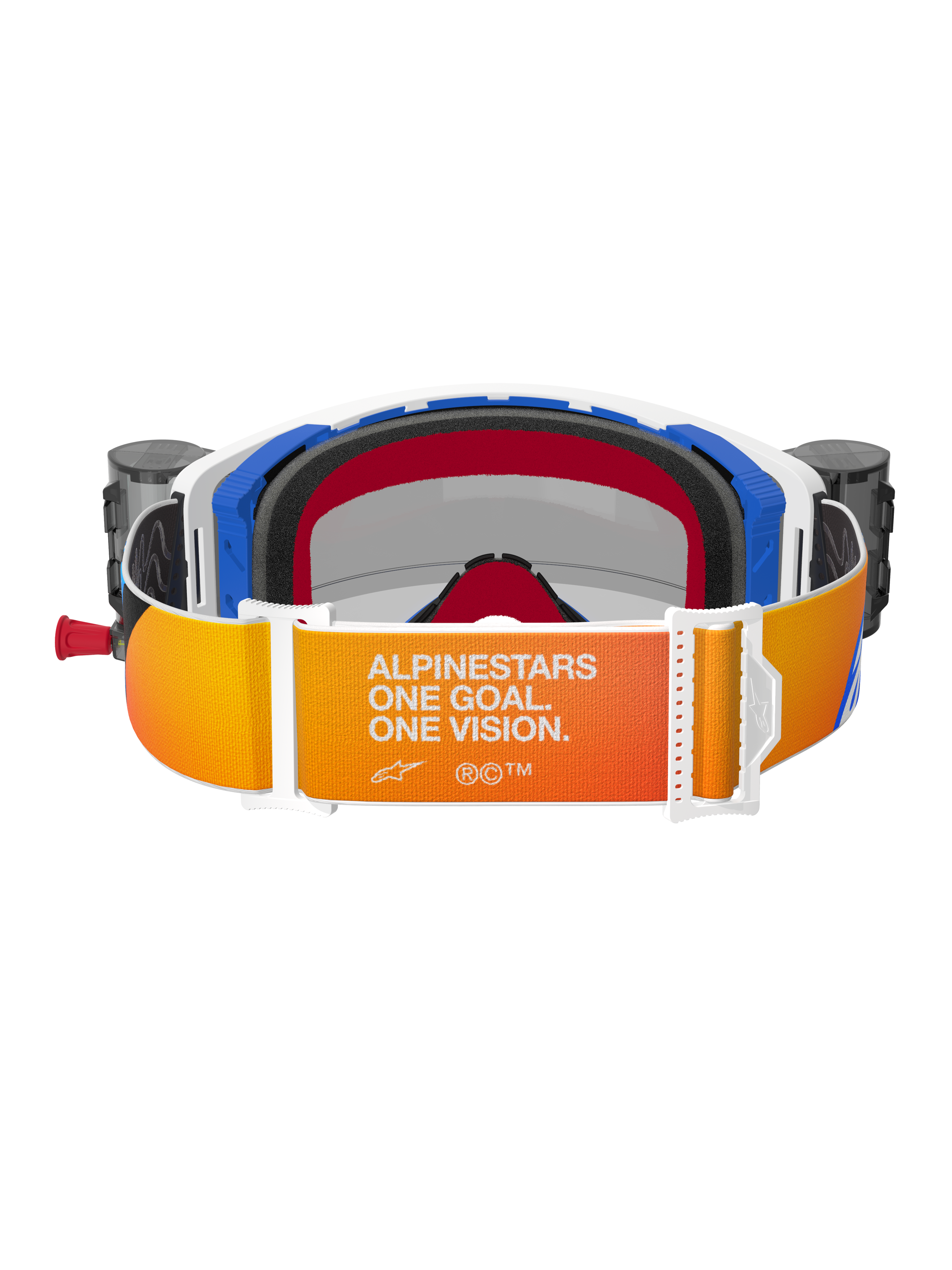 Alpinestars Supertech Corp Goggles Roll Off, vista posteriore, fascia con sfumatura arancione e gialla e scritta bianca 'Alpinestars One Goal. One Vision.', componenti del telaio blu e bianchi con schiuma facciale 3D nera, cartucce del sistema roll-off integrato visibili sui lati