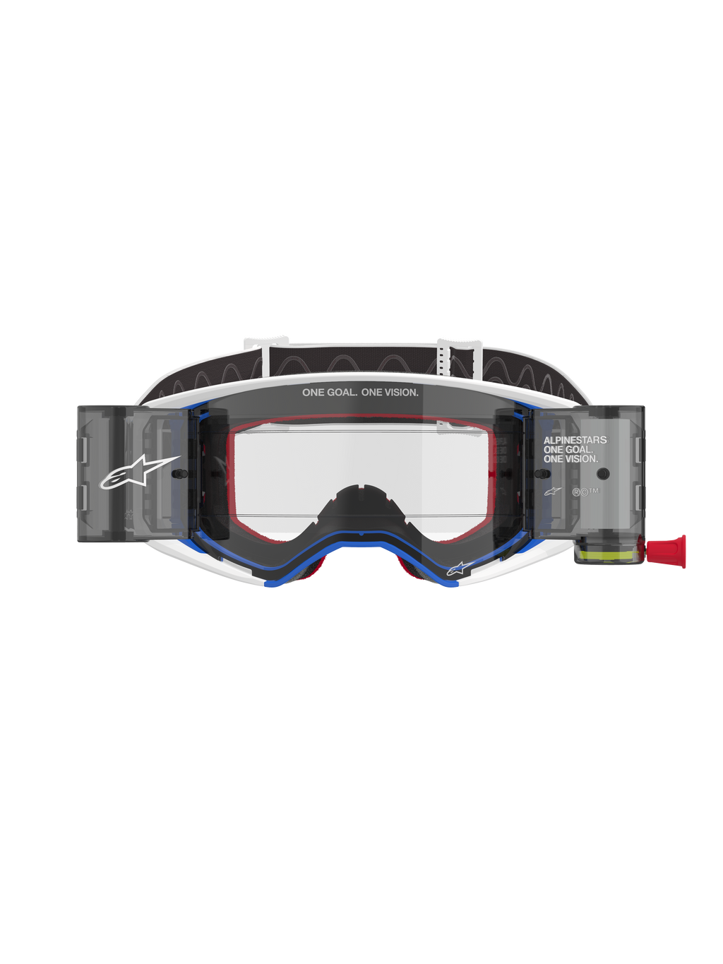 Alpinestars Supertech Corp Goggles Roll Off, maschere da motocross, montatura blu e bianca con accenti arancioni, sistema roll-off integrato a visione ampia con lente trasparente, protezione oculare professionale per fuoristrada con marchio Alpinestars e scritta "One Goal. One Vision."