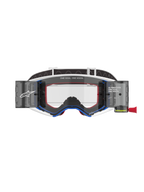 Alpinestars Supertech Corp Goggles Roll Off, maschere da motocross, montatura blu e bianca con accenti arancioni, sistema roll-off integrato a visione ampia con lente trasparente, protezione oculare professionale per fuoristrada con marchio Alpinestars e scritta "One Goal. One Vision."