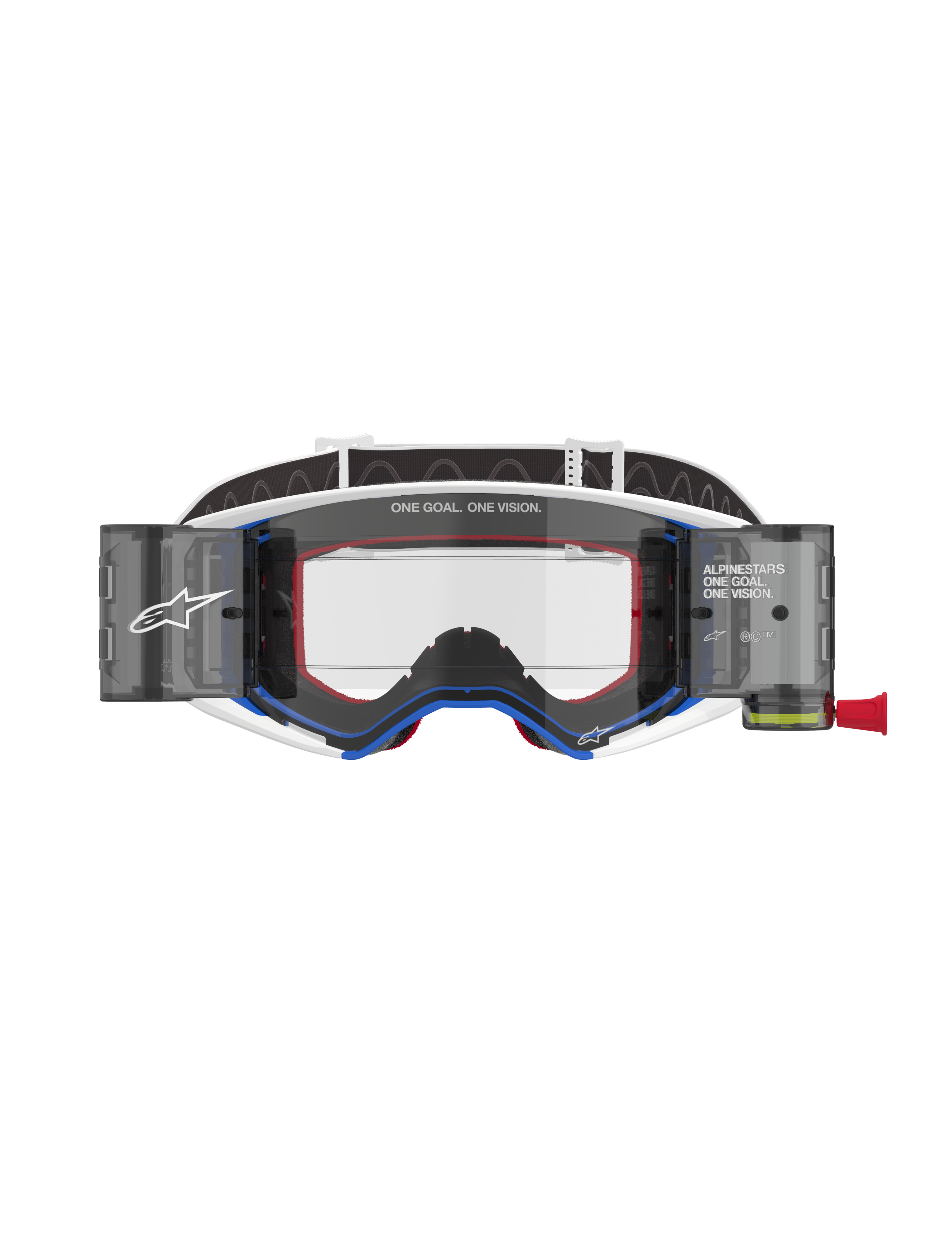 Alpinestars Supertech Corp Goggles Roll Off, maschere da motocross, montatura blu e bianca con accenti arancioni, sistema roll-off integrato a visione ampia con lente trasparente, protezione oculare professionale per fuoristrada con marchio Alpinestars e scritta "One Goal. One Vision."