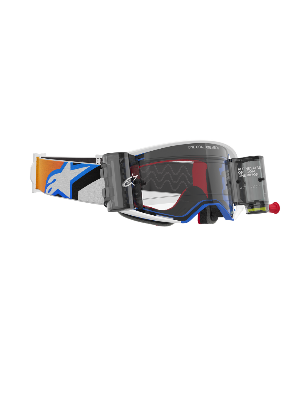 Alpinestars Maschere Supertech Corp Roll Off, colorazione blu e arancione, lente trasparente stampata a iniezione con sistema Wide Vision Roll-Off, linee di scorrimento in silicone ondulate, cinturino elastico regolabile con logo Alpinestars, occhiali da motocross ad alte prestazioni