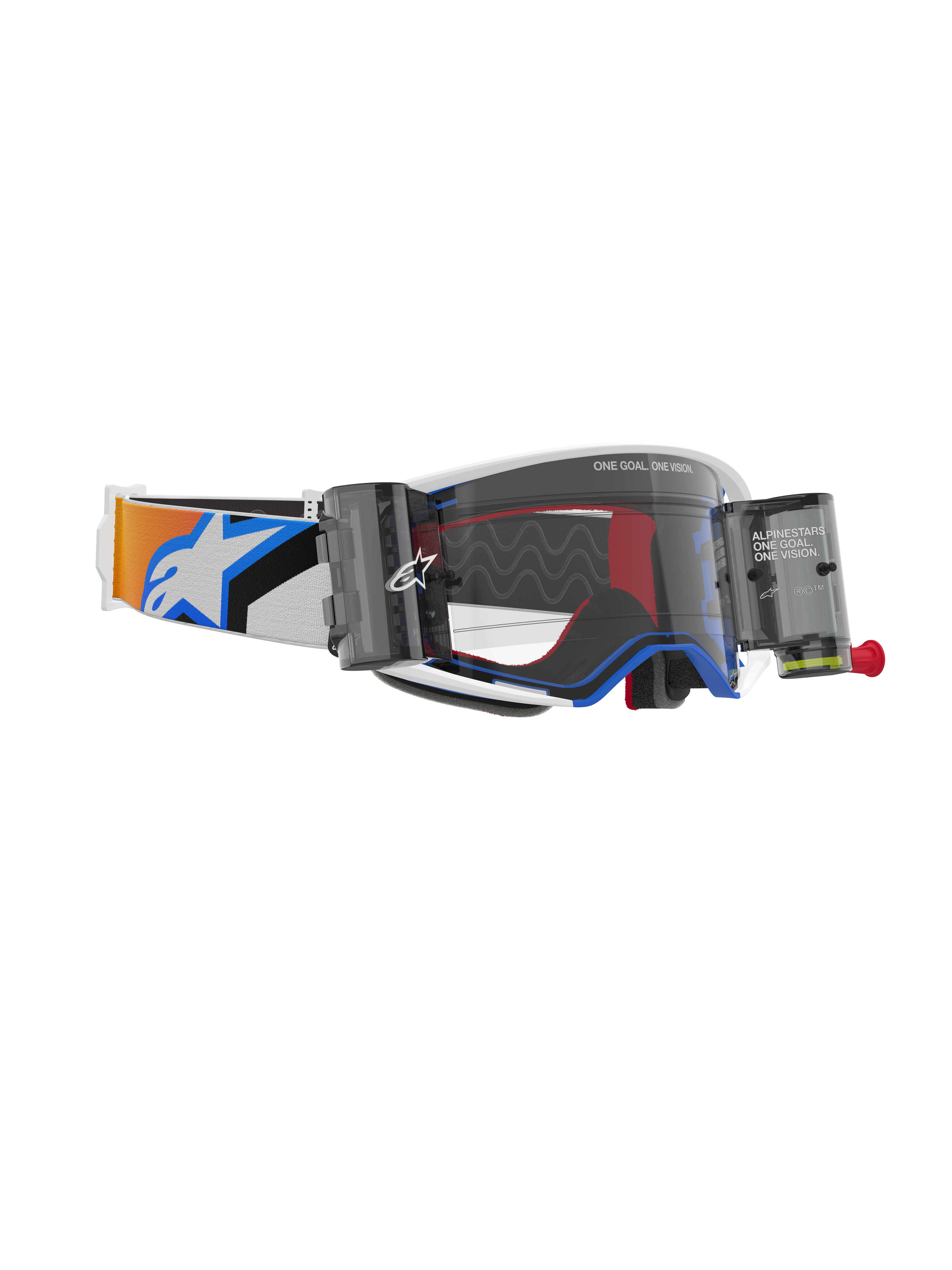 Alpinestars Maschere Supertech Corp Roll Off, colorazione blu e arancione, lente trasparente stampata a iniezione con sistema Wide Vision Roll-Off, linee di scorrimento in silicone ondulate, cinturino elastico regolabile con logo Alpinestars, occhiali da motocross ad alte prestazioni