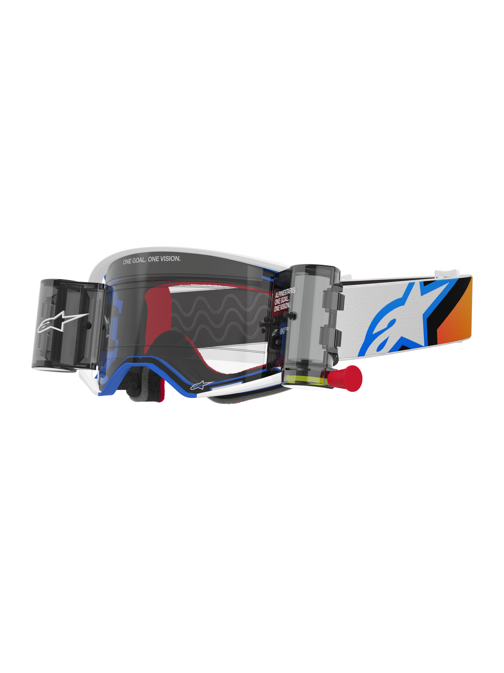 Maschere Alpinestars Supertech Corp Roll Off, maschere da motocross, design blu e arancione, montatura bianca con lente trasparente e sistema roll-off, dotate di contenitori wide vision e logo Astars blu sul cinturino