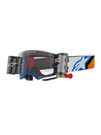 Maschere Alpinestars Supertech Corp Roll Off, maschere da motocross, design blu e arancione, montatura bianca con lente trasparente e sistema roll-off, dotate di contenitori wide vision e logo Astars blu sul cinturino