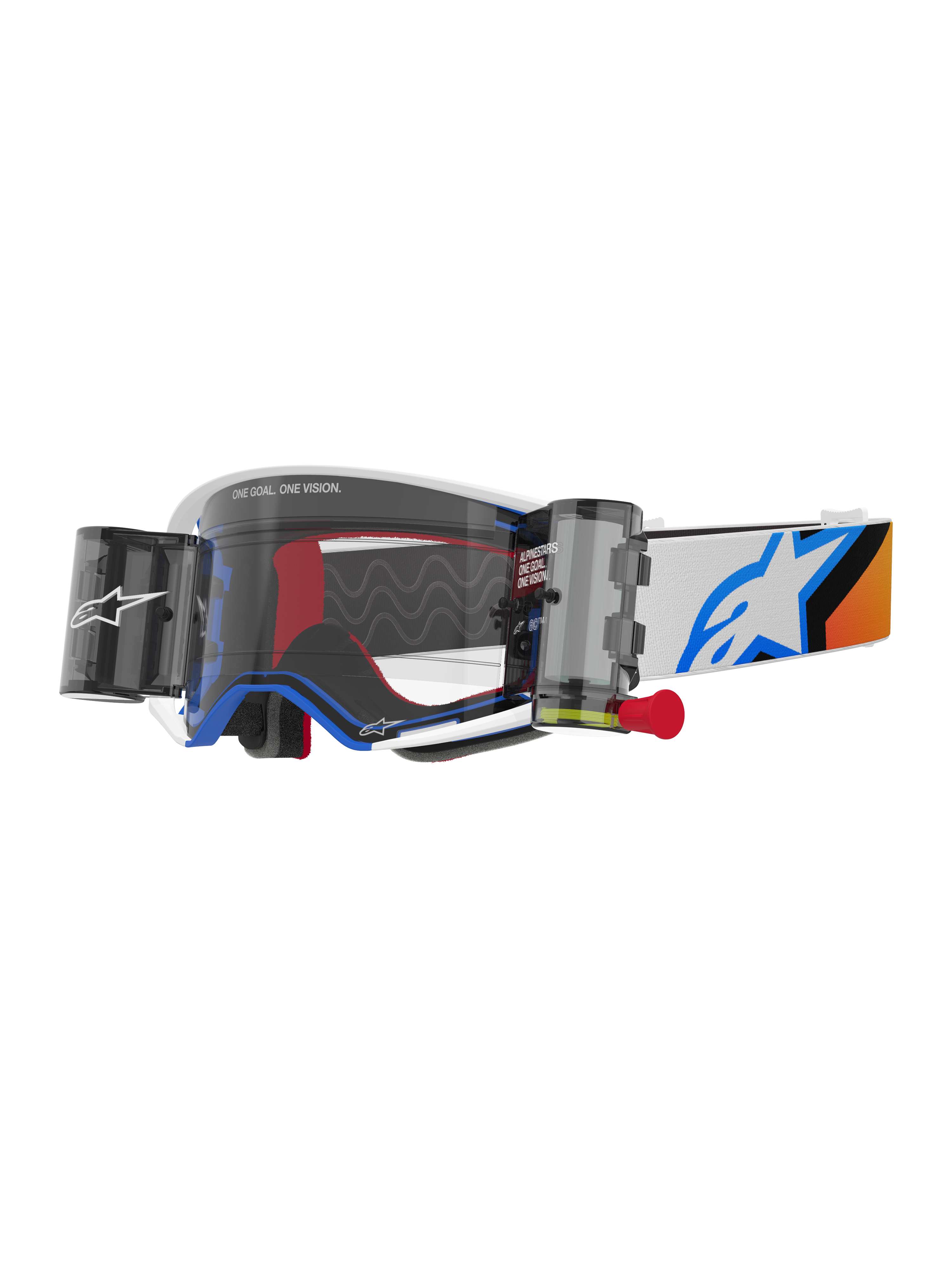Maschere Alpinestars Supertech Corp Roll Off, maschere da motocross, design blu e arancione, montatura bianca con lente trasparente e sistema roll-off, dotate di contenitori wide vision e logo Astars blu sul cinturino