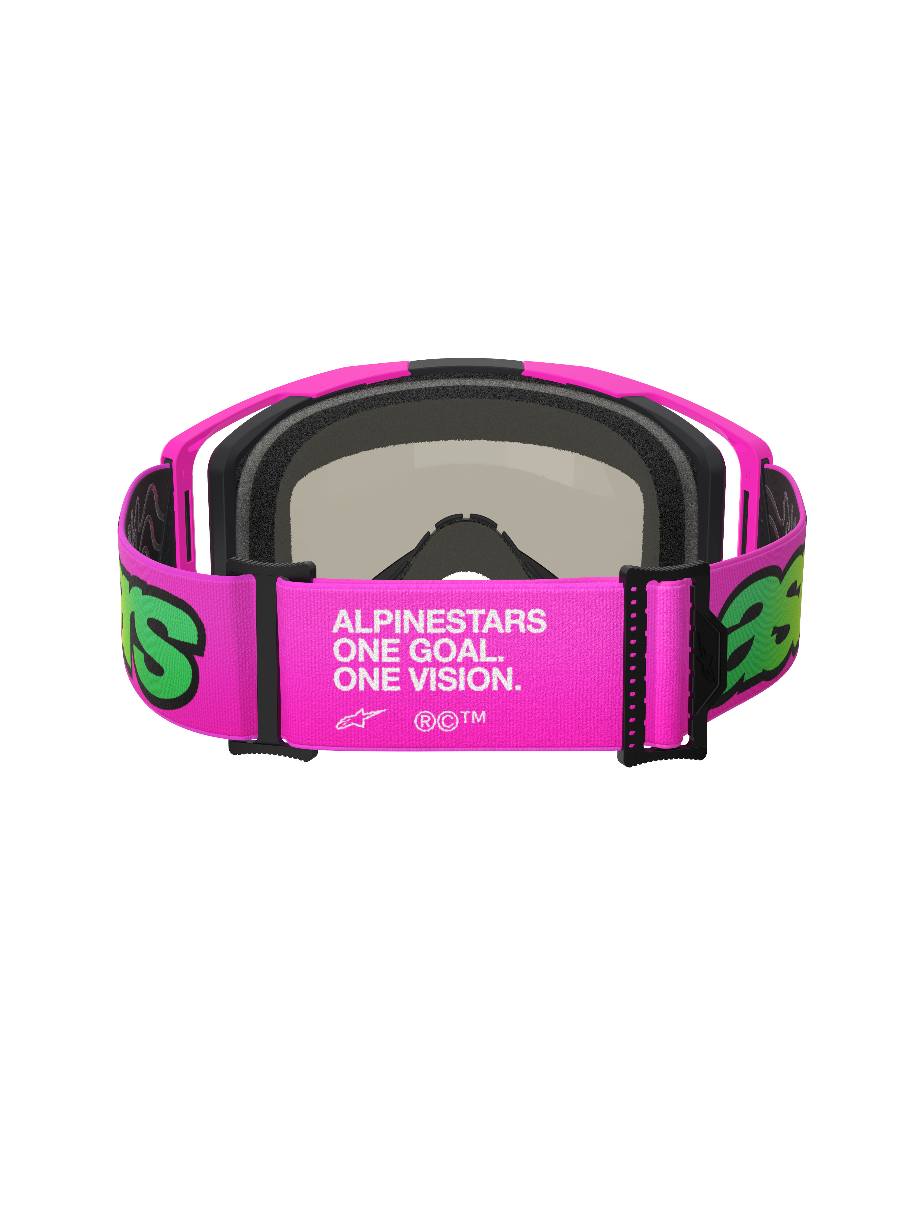 Maschera Alpinestars Vision 8 Vista, maschera da motocross, rosa e giallo fluo, vista posteriore dell'ampia fascia regolabile con branding bianco 'One Goal. One Vision.', montatura rosa con schiuma facciale nera, occhiali off-road ad alte prestazioni