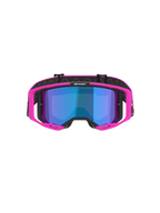 Alpinestars Vision 8 Vista Goggles, maschere da motocross, rosa fluo e giallo fluo con lente blu specchiata, montatura rosa vivace, lente blu specchiata, fascia nera con branding 'ONE GOAL. ONE VISION.', occhiali professionali per competizioni fuoristrada