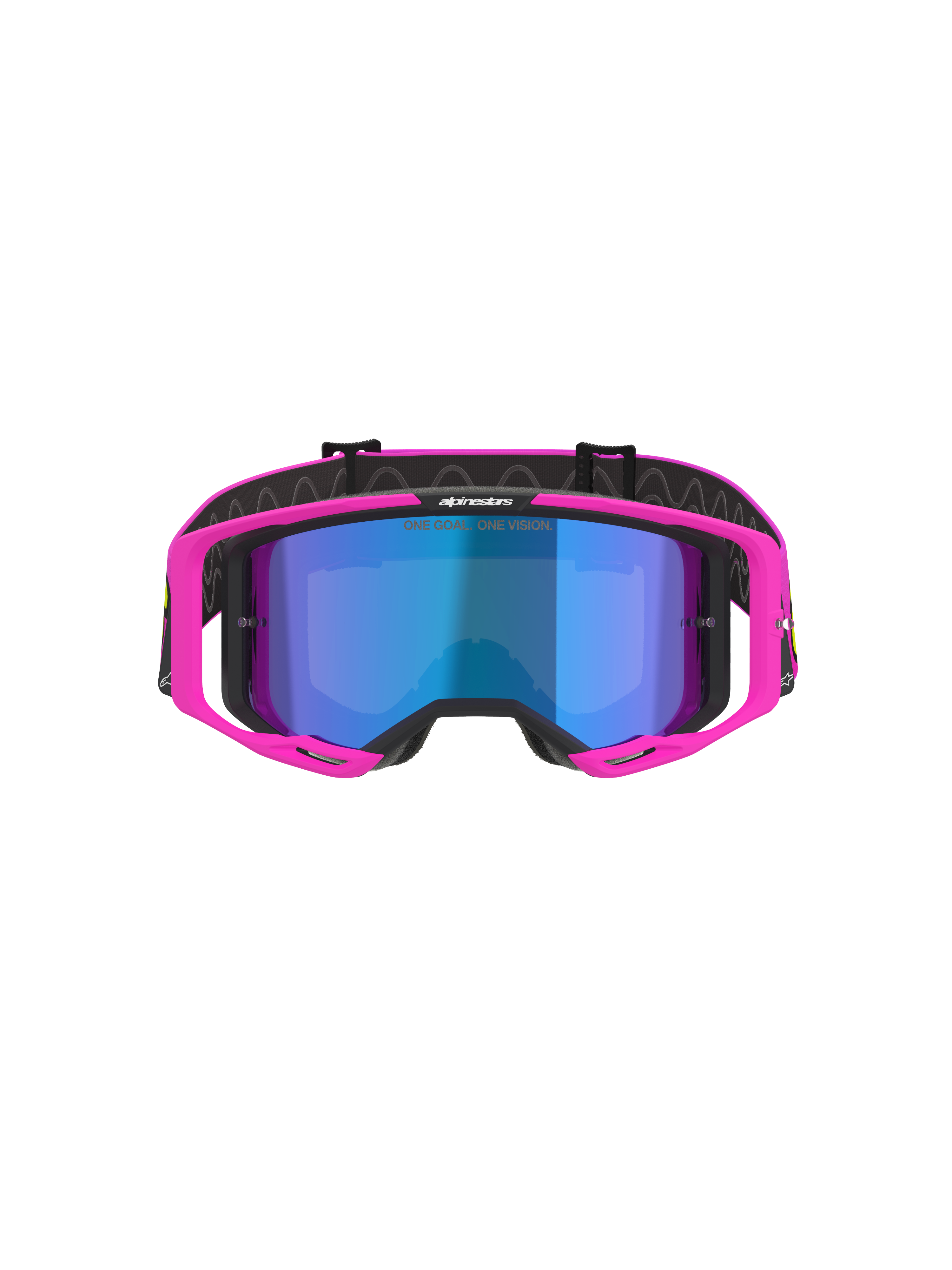 Alpinestars Vision 8 Vista Goggles, maschere da motocross, rosa fluo e giallo fluo con lente blu specchiata, montatura rosa vivace, lente blu specchiata, fascia nera con branding 'ONE GOAL. ONE VISION.', occhiali professionali per competizioni fuoristrada