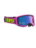 Alpinestars maschere Vision 8 Vista, occhiali da motocross, rosa fluo e giallo fluo con lente blu specchiata, montatura e fascia rosa vibrante con branding giallo vivace, protezione oculare professionale per fuoristrada
