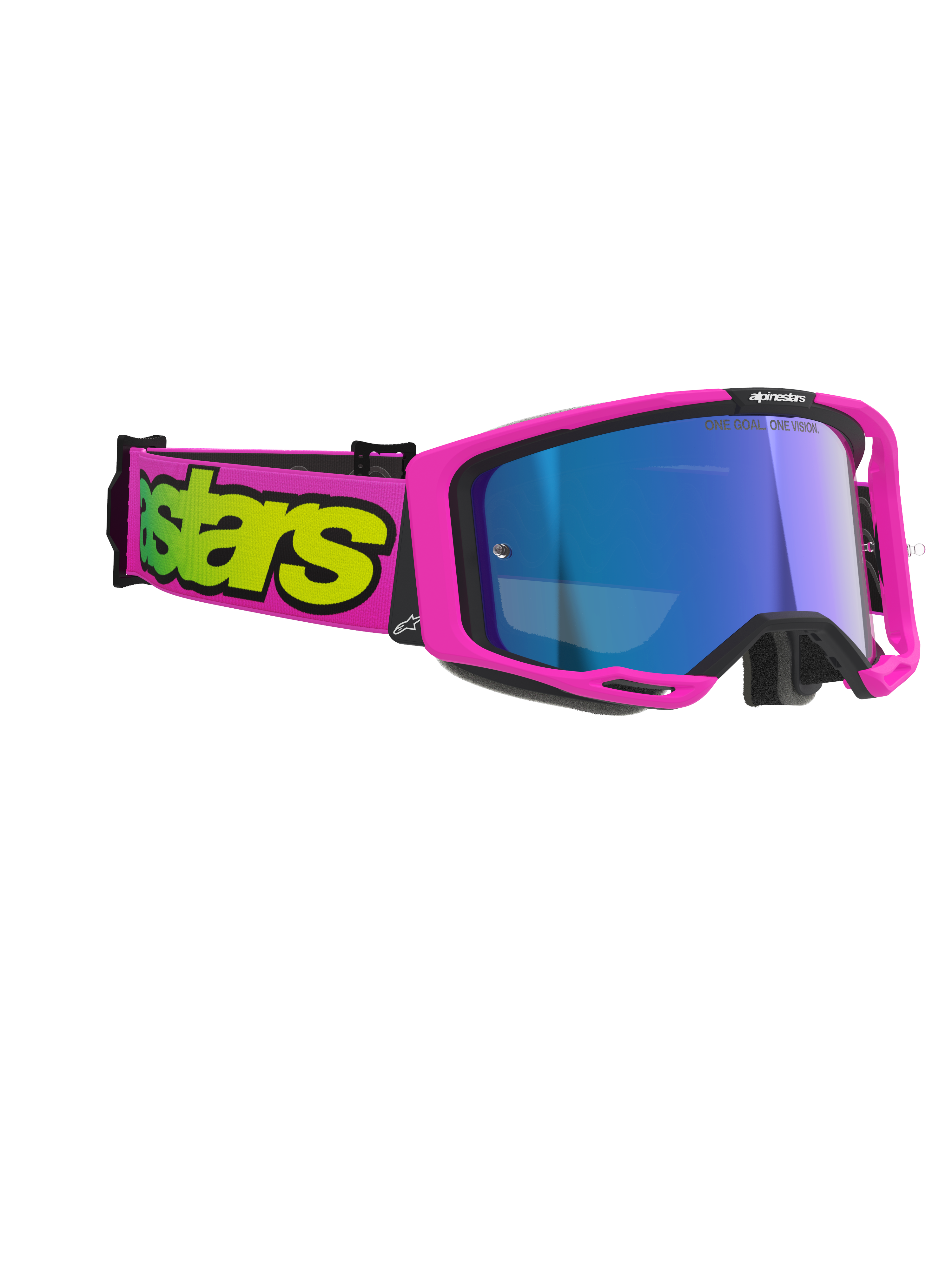 Alpinestars maschere Vision 8 Vista, occhiali da motocross, rosa fluo e giallo fluo con lente blu specchiata, montatura e fascia rosa vibrante con branding giallo vivace, protezione oculare professionale per fuoristrada