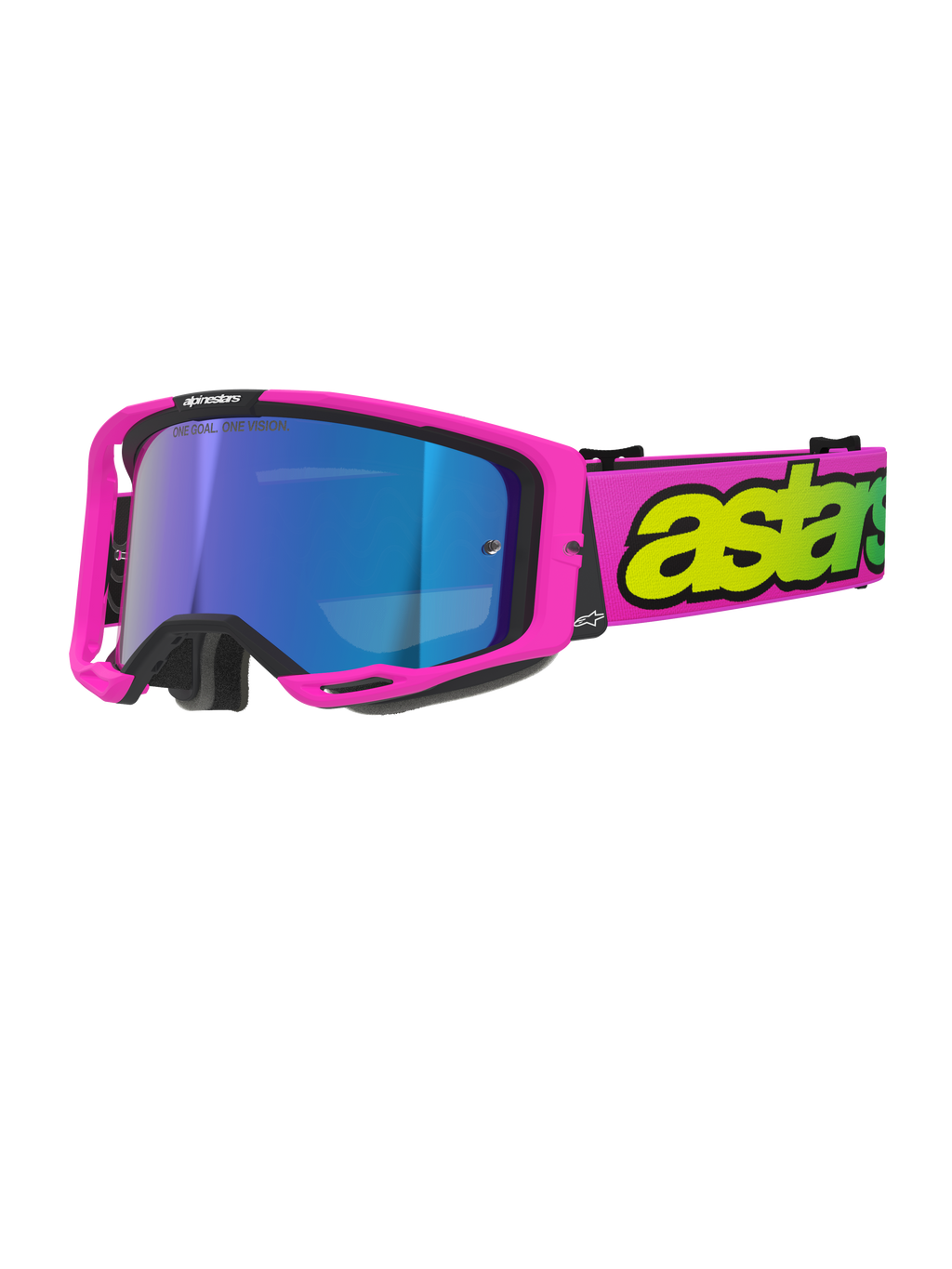 Alpinestars Vision 8 Vista Goggles, occhiali da motocross, rosa fluo e giallo fluo con lente Mirror Blue, montatura rosa acceso, ampia fascia rosa con branding giallo fluo, occhiali protettivi per fuoristrada ad alte prestazioni