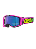 Alpinestars Vision 8 Vista Goggles, occhiali da motocross, rosa fluo e giallo fluo con lente Mirror Blue, montatura rosa acceso, ampia fascia rosa con branding giallo fluo, occhiali protettivi per fuoristrada ad alte prestazioni