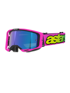 Alpinestars Vision 8 Vista Goggles, occhiali da motocross, rosa fluo e giallo fluo con lente Mirror Blue, montatura rosa acceso, ampia fascia rosa con branding giallo fluo, occhiali protettivi per fuoristrada ad alte prestazioni