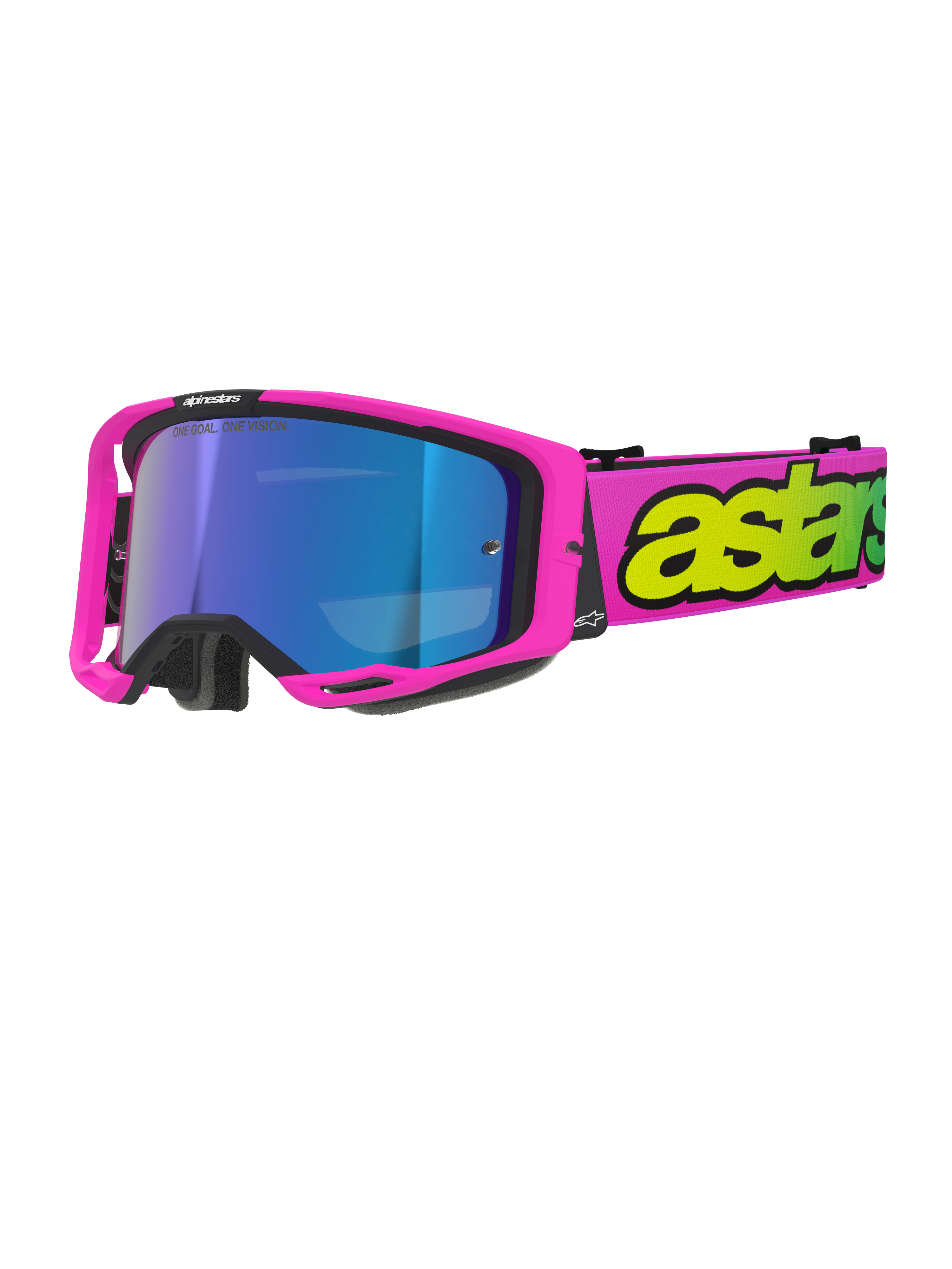 Alpinestars Vision 8 Vista Goggles, occhiali da motocross, rosa fluo e giallo fluo con lente Mirror Blue, montatura rosa acceso, ampia fascia rosa con branding giallo fluo, occhiali protettivi per fuoristrada ad alte prestazioni