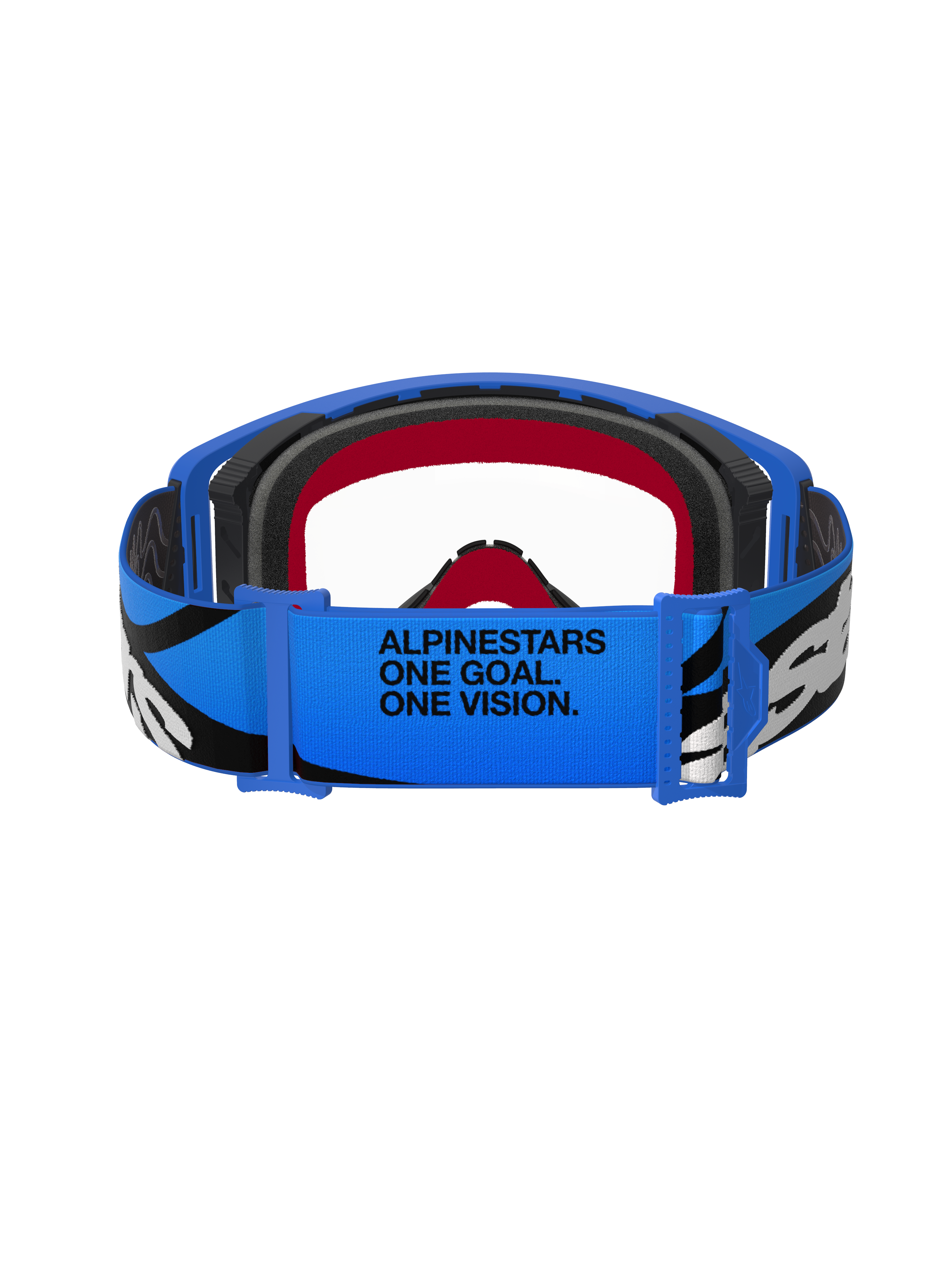 Occhiali Alpinestars Supertech Stream, occhiali da motocross, blu e trasparenti, vista posteriore della fascia blu con testo "ALPINESTARS ONE GOAL. ONE VISION.", grafiche in bianco e nero e imbottitura in spugna rossa e nera