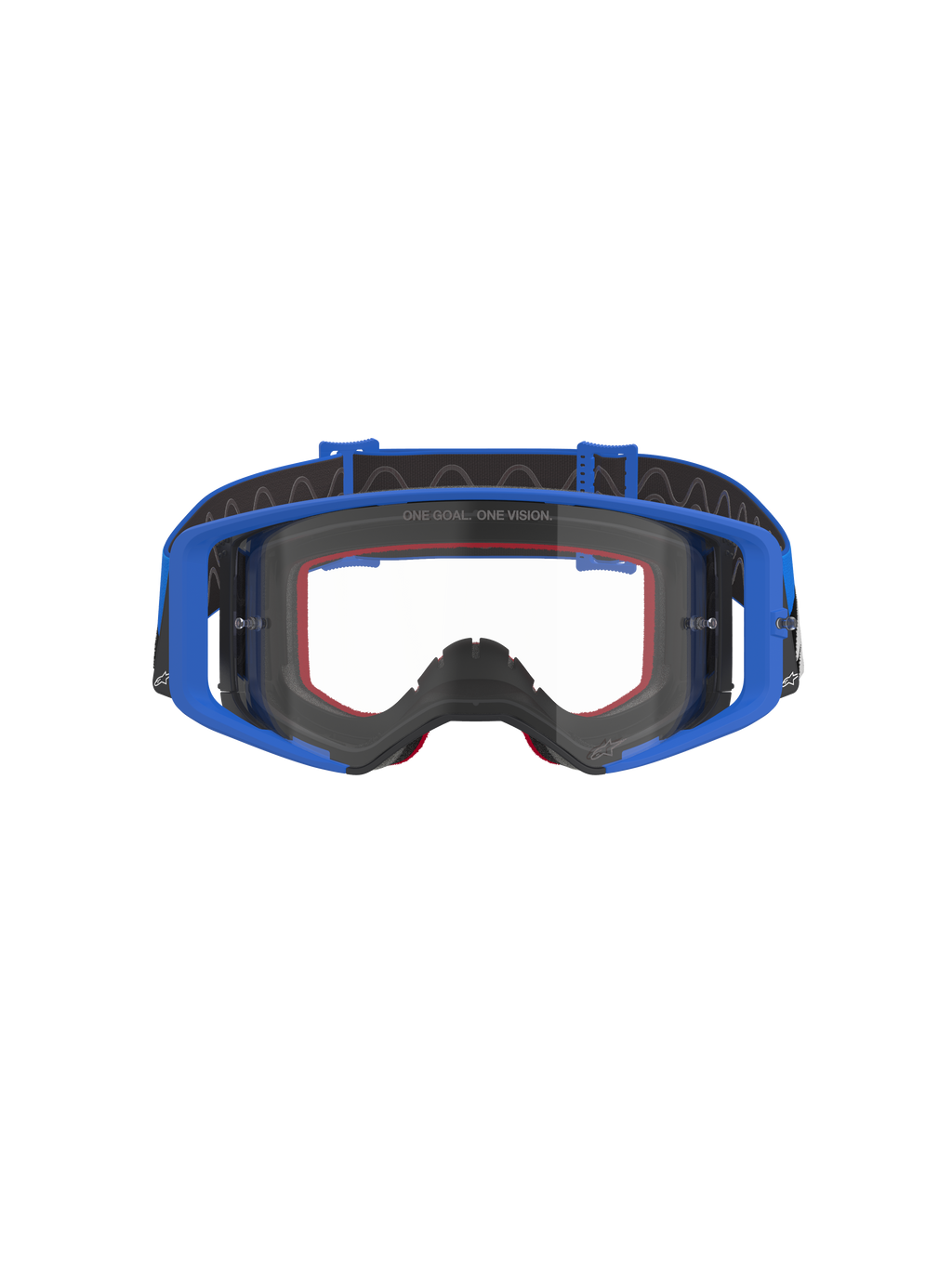 Alpinestars Supertech Stream Goggles, occhiali da motocross e off-road, blu con lente trasparente, montatura blu, imbottitura in schiuma rossa e fascia regolabile nera con grip interno in silicone, scritta 'ONE GOAL. ONE VISION.' sulla lente, occhiali protettivi ad alte prestazioni per le gare