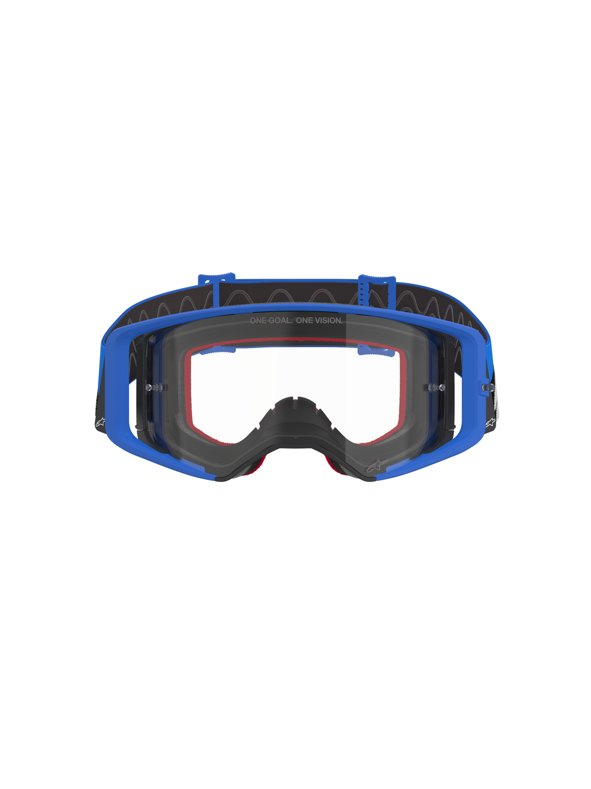 Alpinestars Supertech Stream Goggles, occhiali da motocross e off-road, blu con lente trasparente, montatura blu, imbottitura in schiuma rossa e fascia regolabile nera con grip interno in silicone, scritta 'ONE GOAL. ONE VISION.' sulla lente, occhiali protettivi ad alte prestazioni per le gare