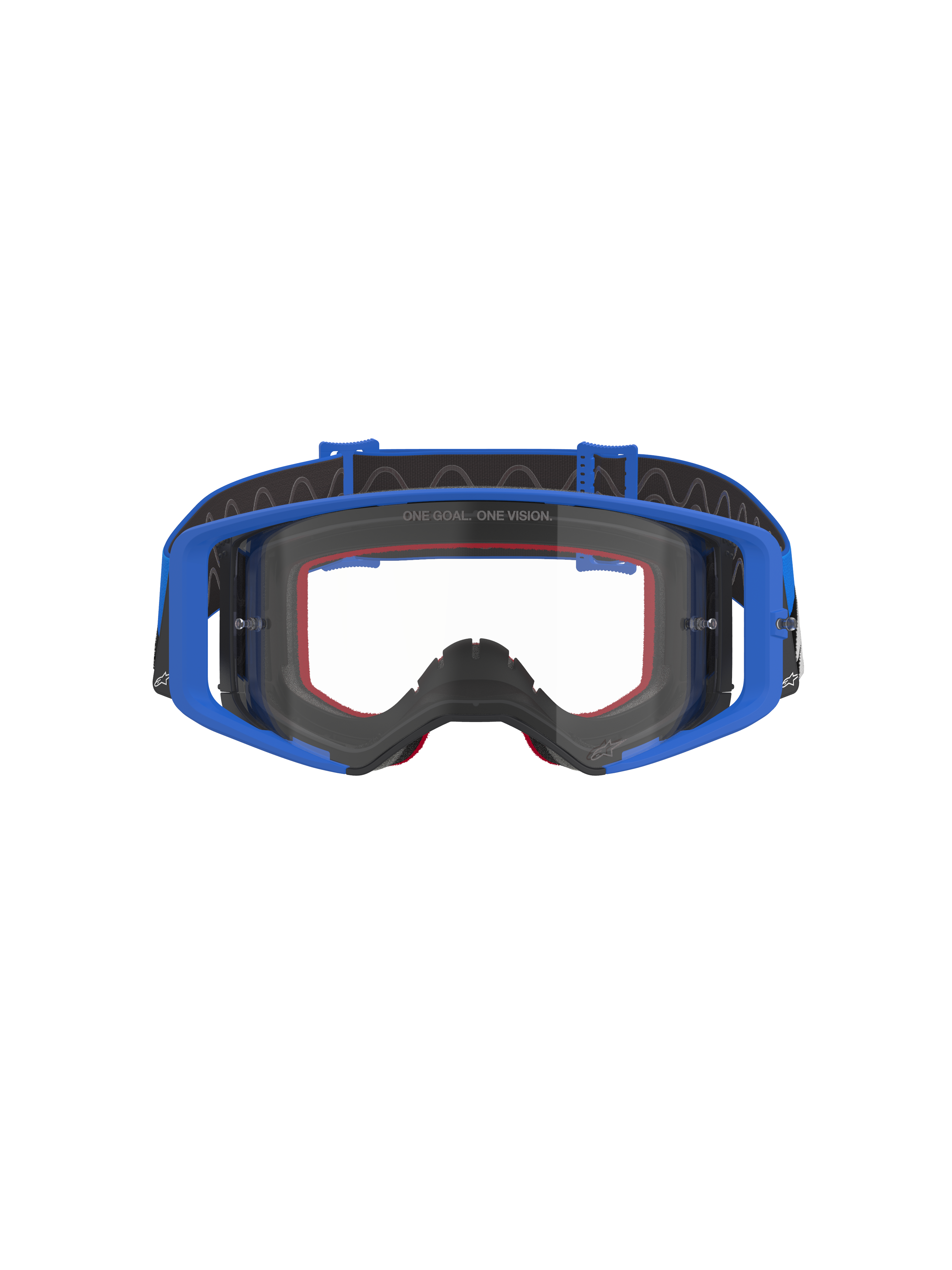 Alpinestars Supertech Stream Goggles, occhiali da motocross e off-road, blu con lente trasparente, montatura blu, imbottitura in schiuma rossa e fascia regolabile nera con grip interno in silicone, scritta 'ONE GOAL. ONE VISION.' sulla lente, occhiali protettivi ad alte prestazioni per le gare