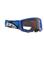 Alpinestars Supertech Stream Goggles, occhiali da motocross, montatura blu e lente trasparente, fascia blu e nera con logo Alpinestars bianco, occhiali ad alte prestazioni per il racing