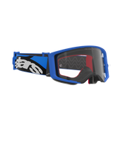 Alpinestars Supertech Stream Goggles, occhiali da motocross, montatura blu e lente trasparente, fascia blu e nera con logo Alpinestars bianco, occhiali ad alte prestazioni per il racing