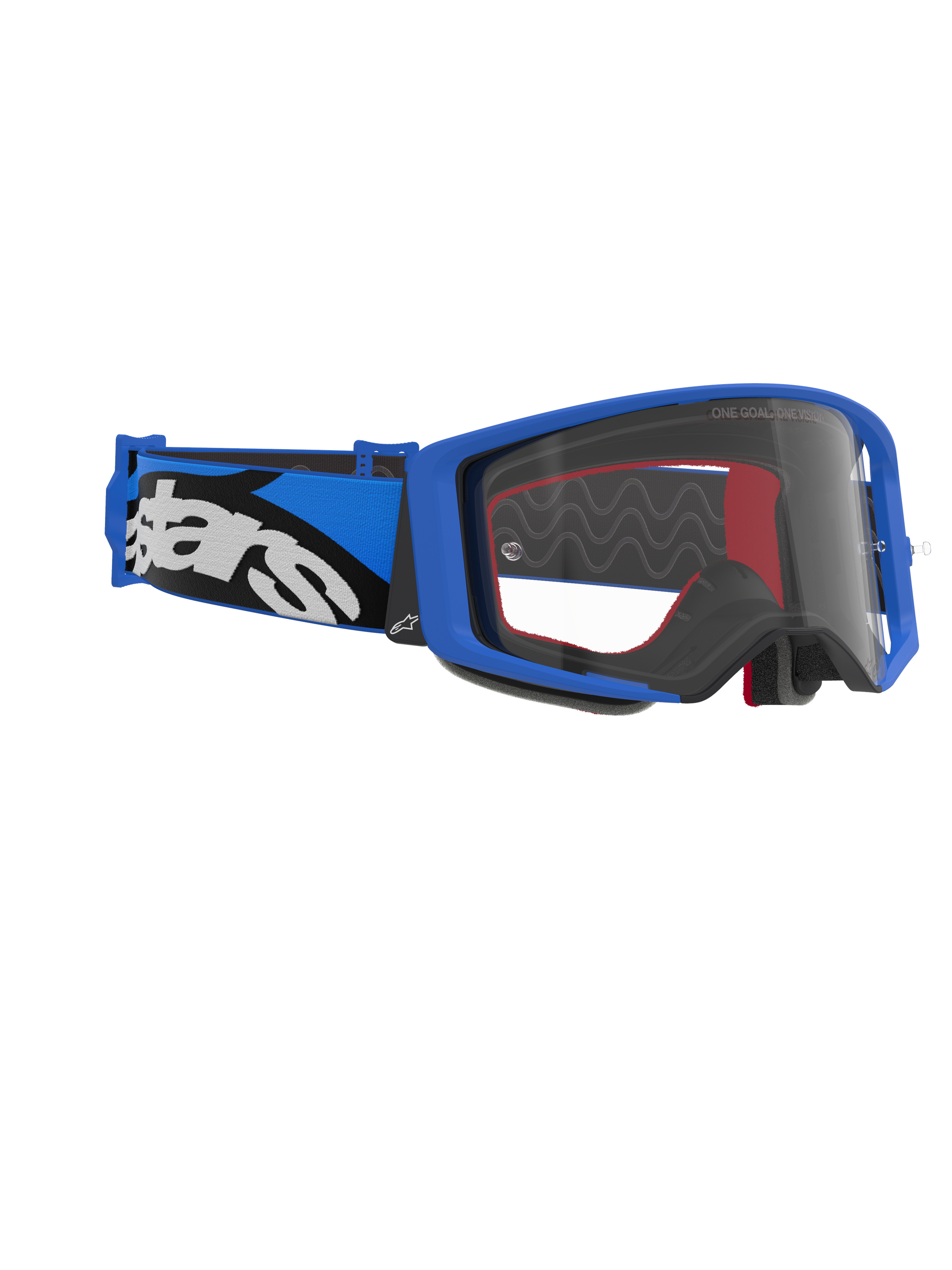Alpinestars Supertech Stream Goggles, occhiali da motocross, montatura blu e lente trasparente, fascia blu e nera con logo Alpinestars bianco, occhiali ad alte prestazioni per il racing