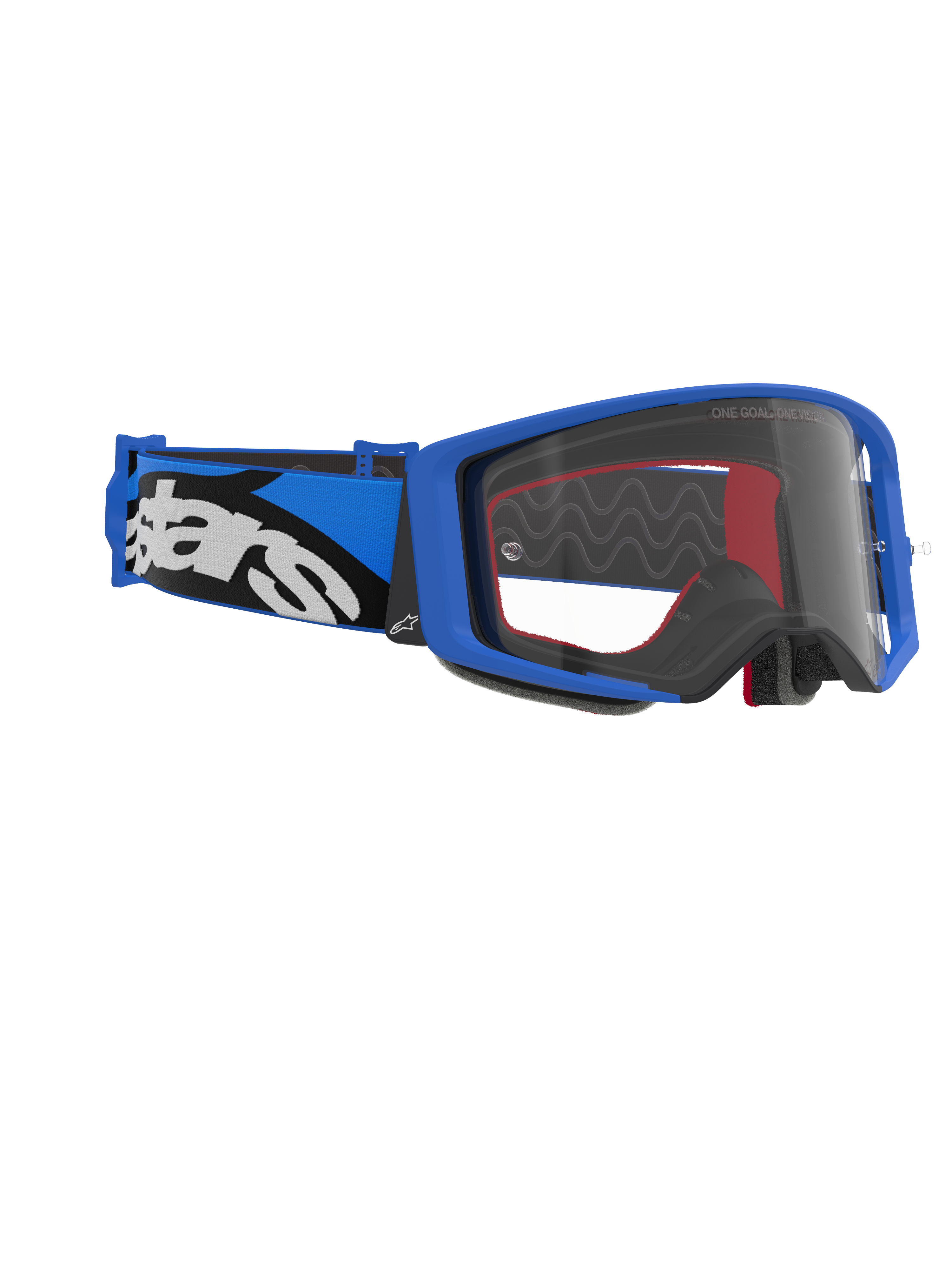 Alpinestars Supertech Stream Goggles, occhiali da motocross, montatura blu e lente trasparente, fascia blu e nera con logo Alpinestars bianco, occhiali ad alte prestazioni per il racing