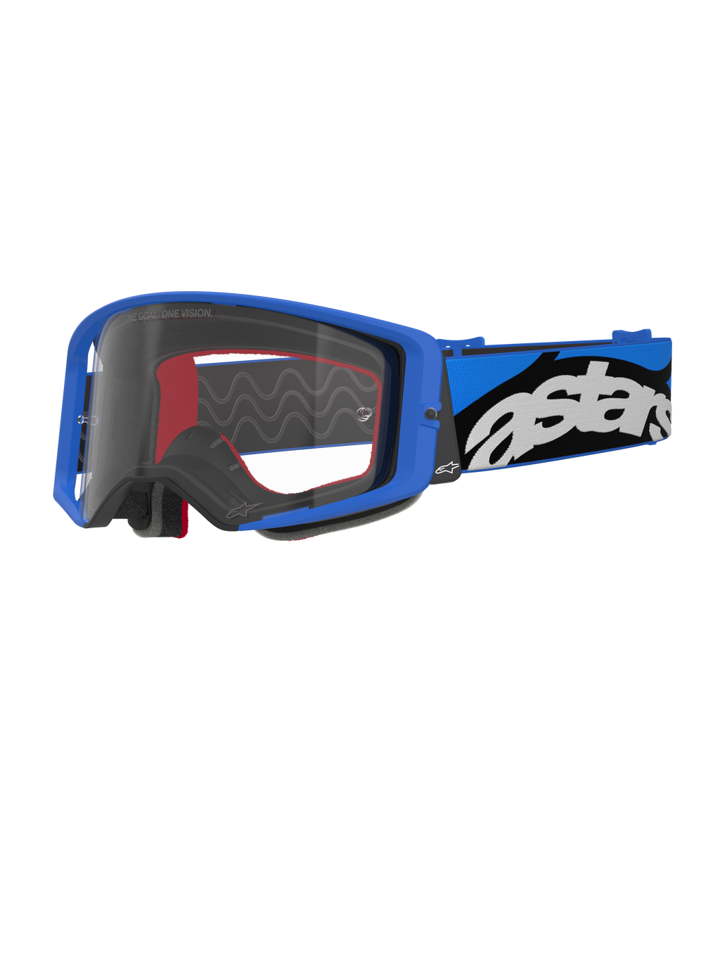 Alpinestars Supertech Stream Goggles, occhiali da motocross, blu e trasparente, montatura blu brillante con lente trasparente, ampia fascia regolabile blu e nera con logo 'astars' bianco, dettagli interni in schiuma rossa, protezione oculare professionale per competizioni off-road e motocross